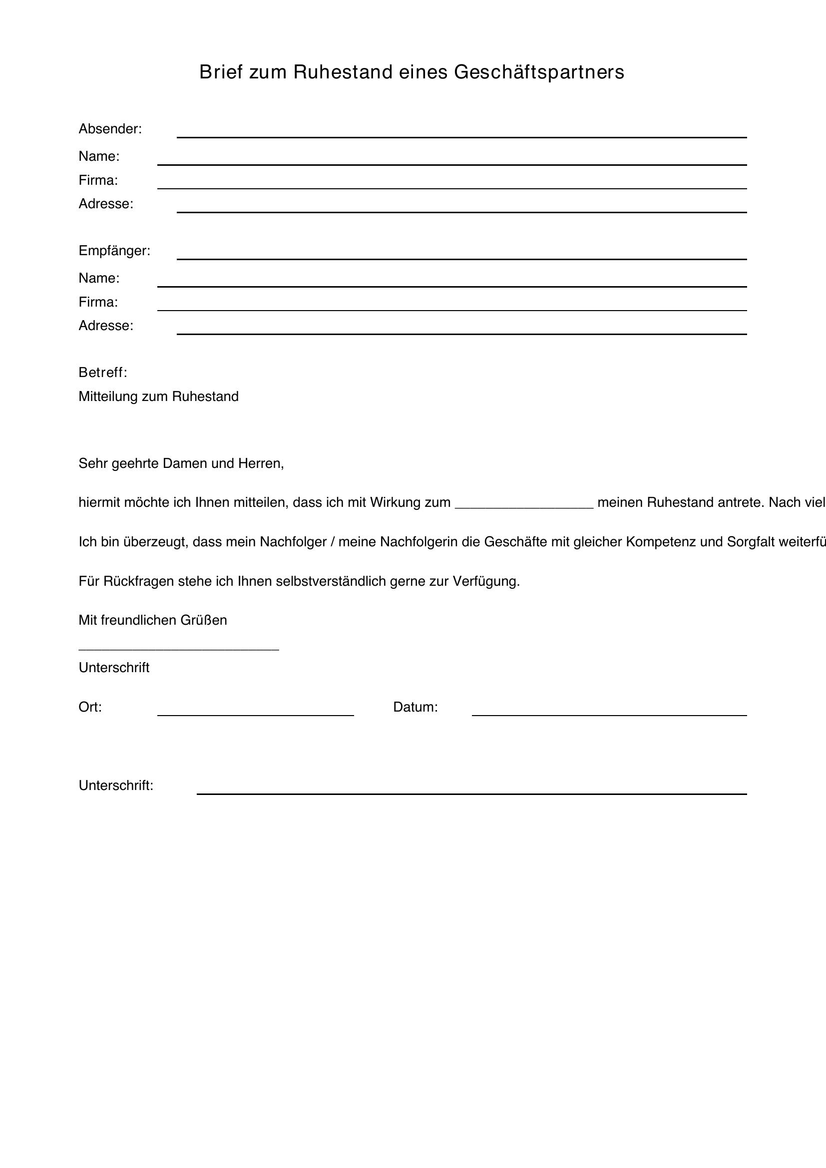 Musterbrief Ruhestand Geschäftspartner