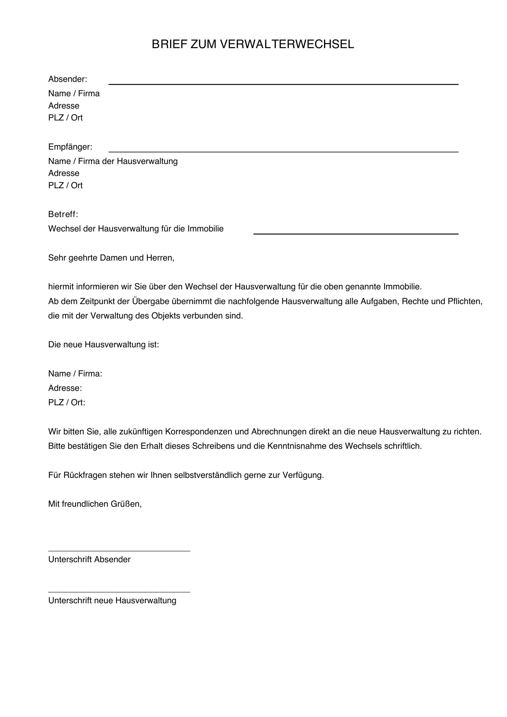 Musterbrief Verwalterwechsel