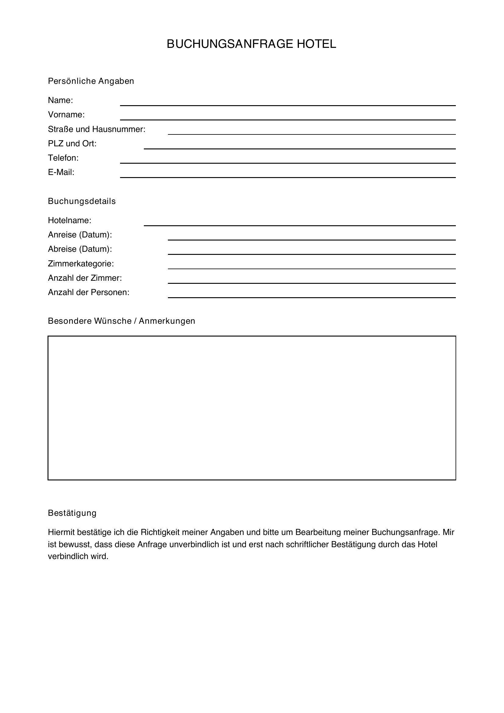 Buchungsanfrage Hotel Vorlage