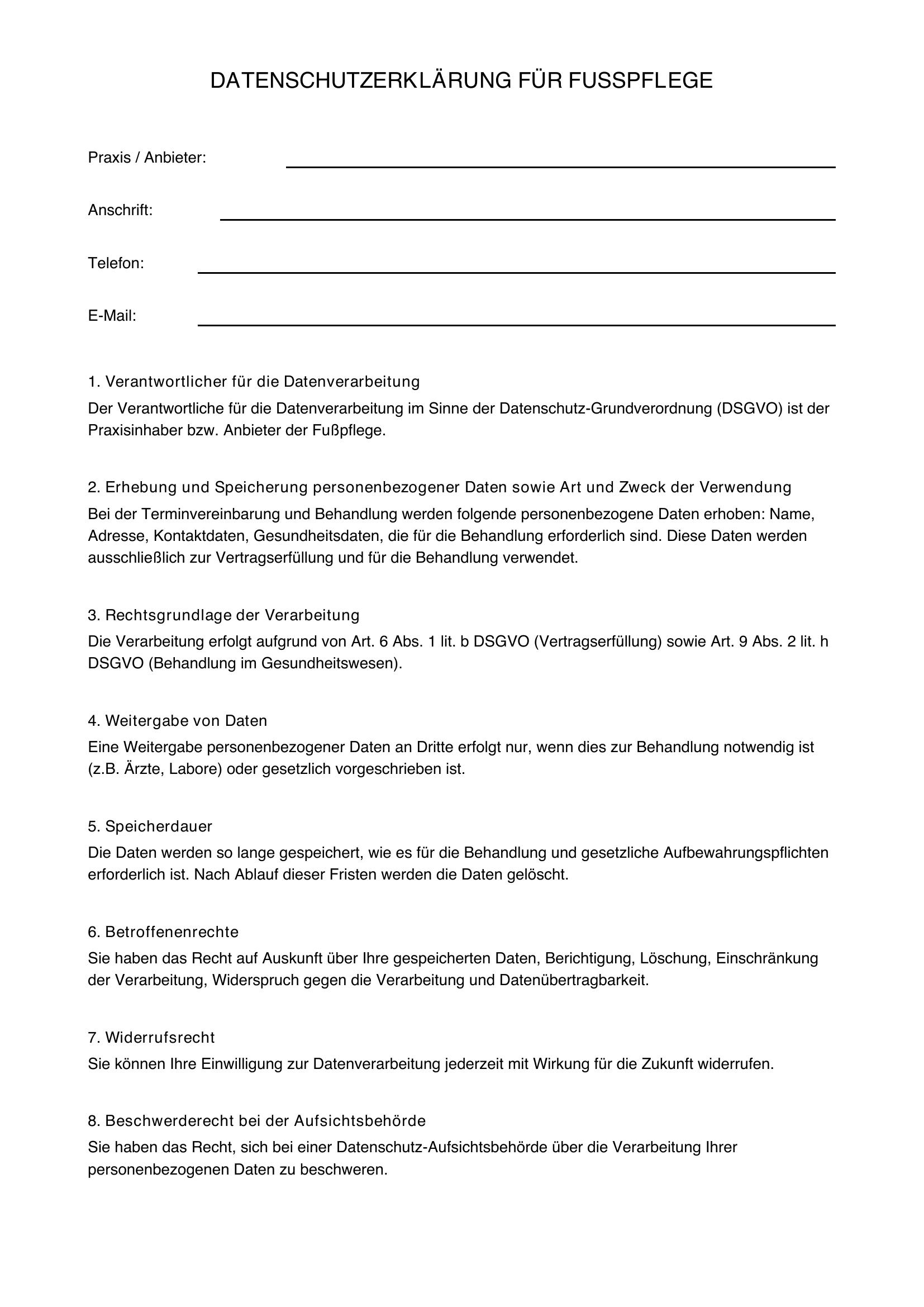 Datenschutzerklärung Fußpflege Vorlage