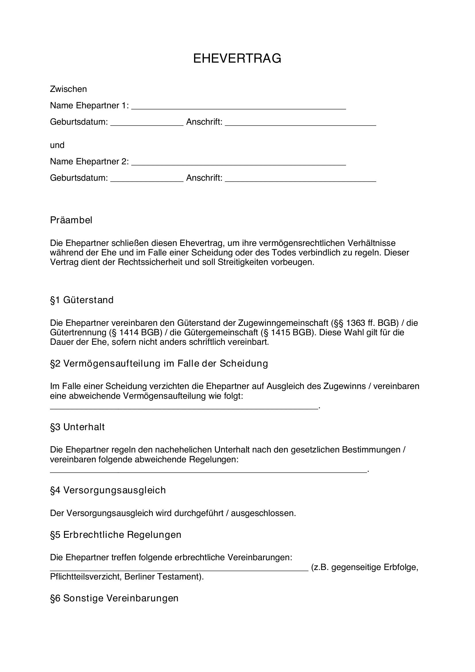 Ehevertrag Lustig Vorlage