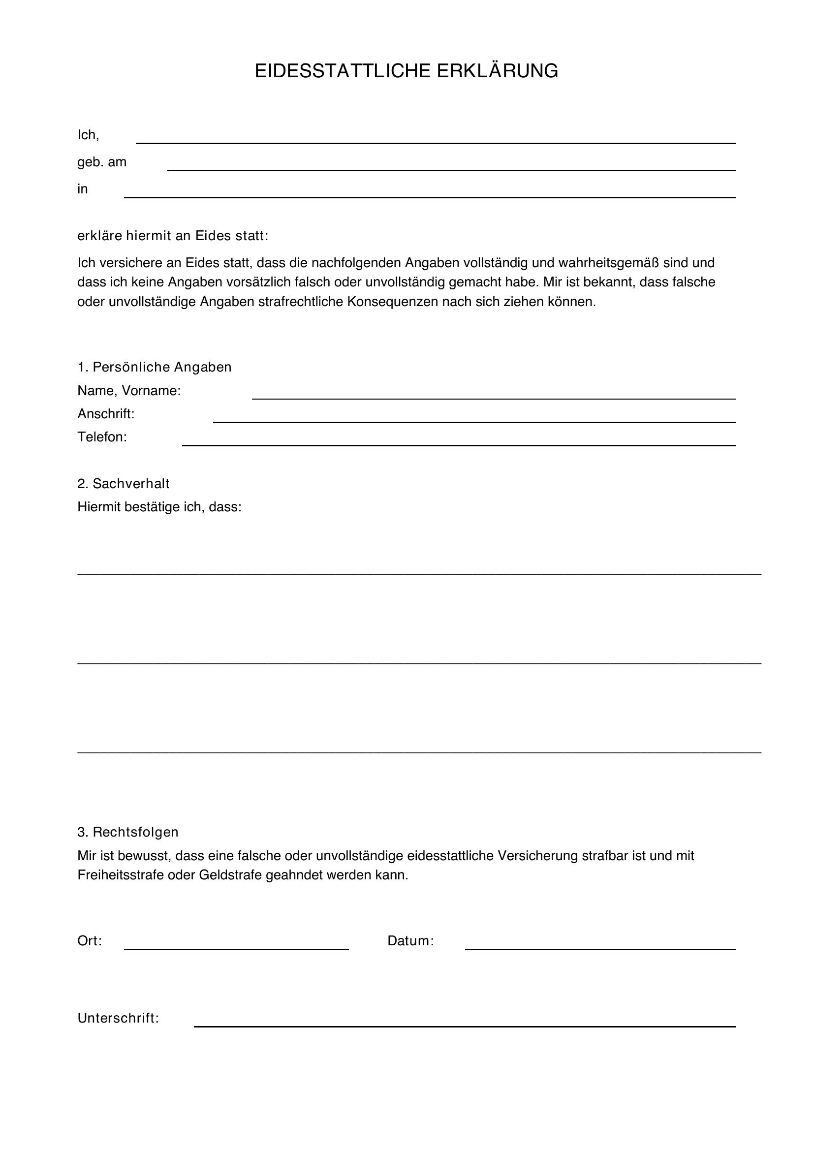 Vordruck Eidesstattliche Erklärung Privatperson Muster