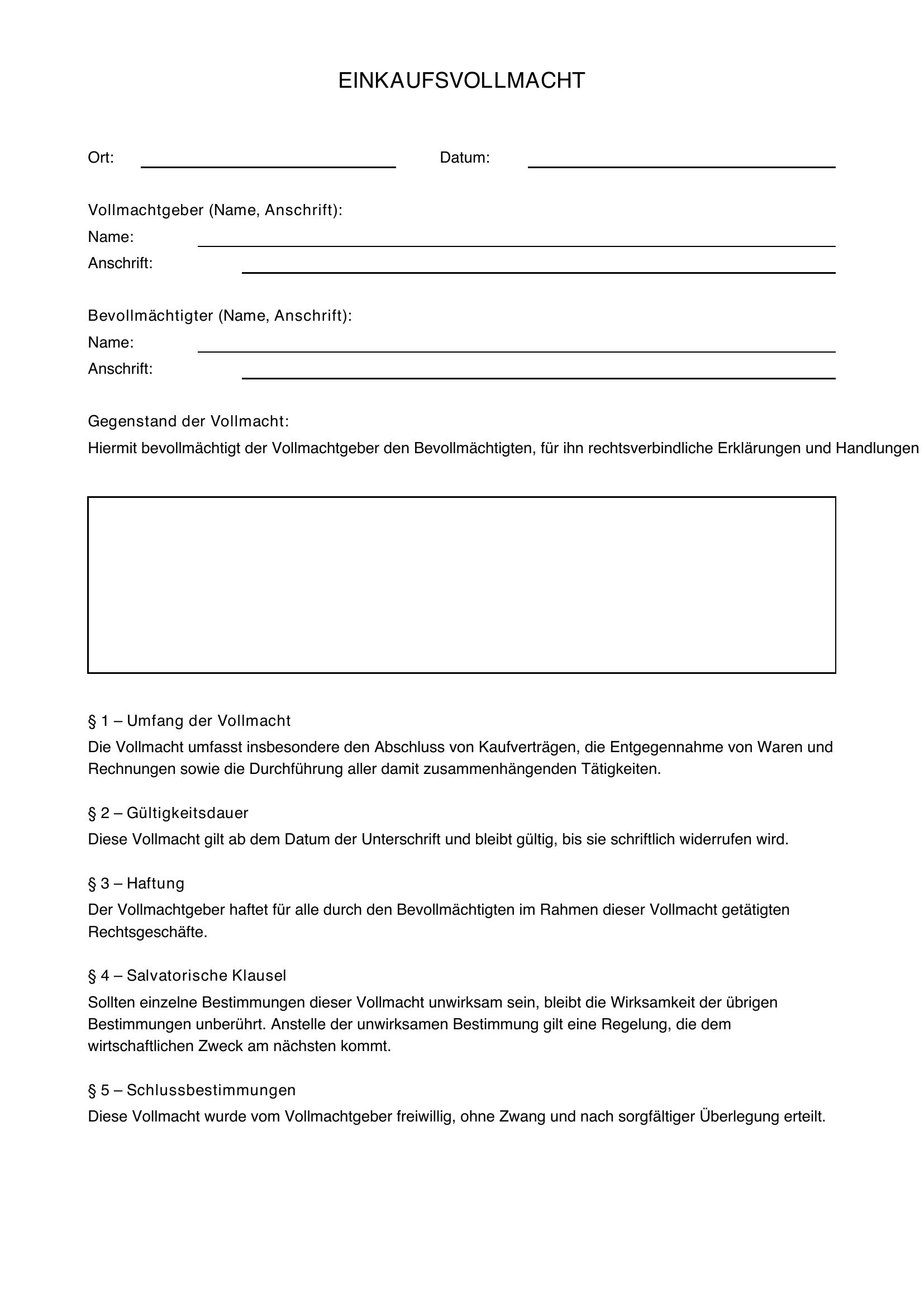 Einkaufsvollmacht Vorlage