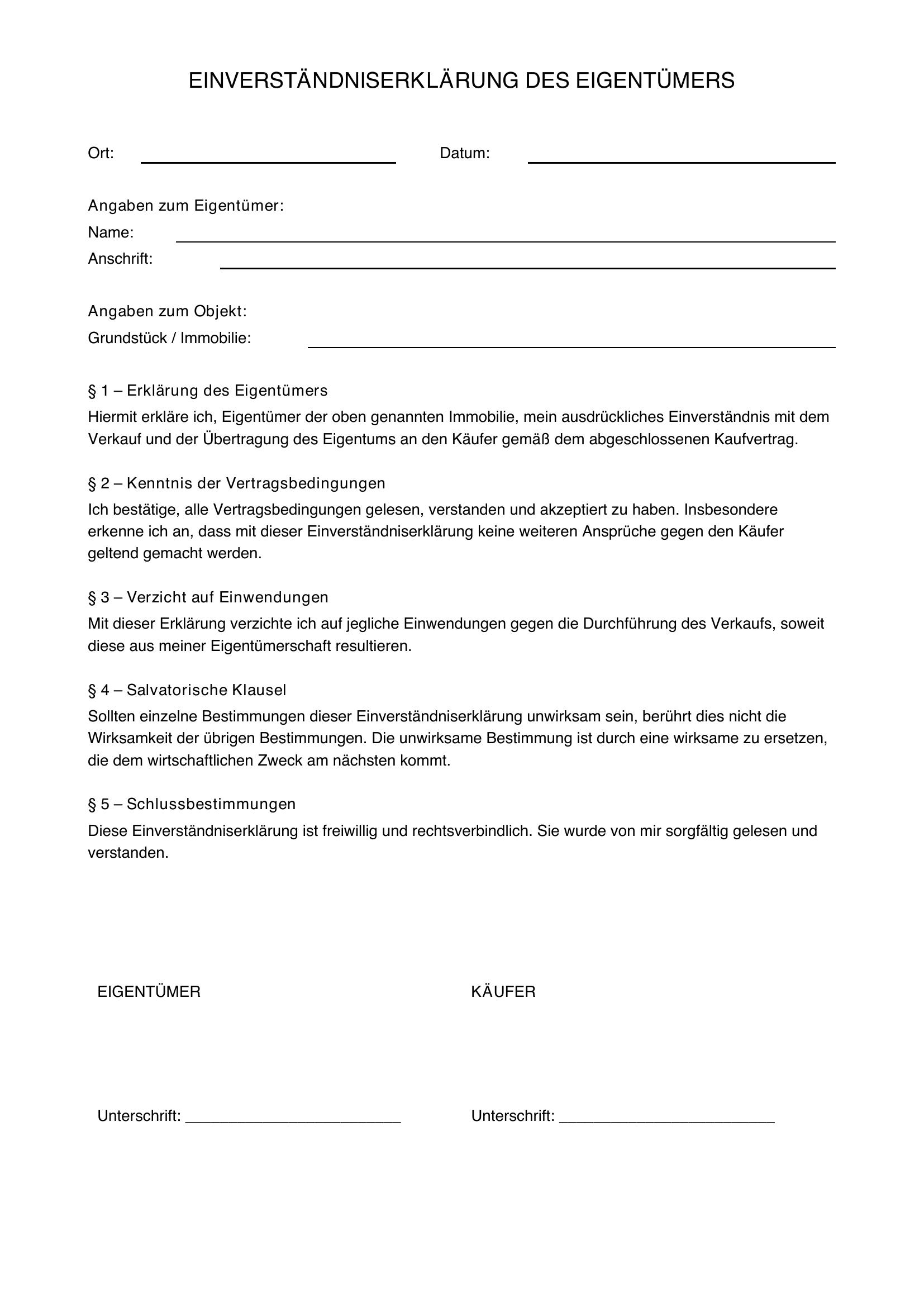 Einverständniserklärung Eigentümer Vorlage