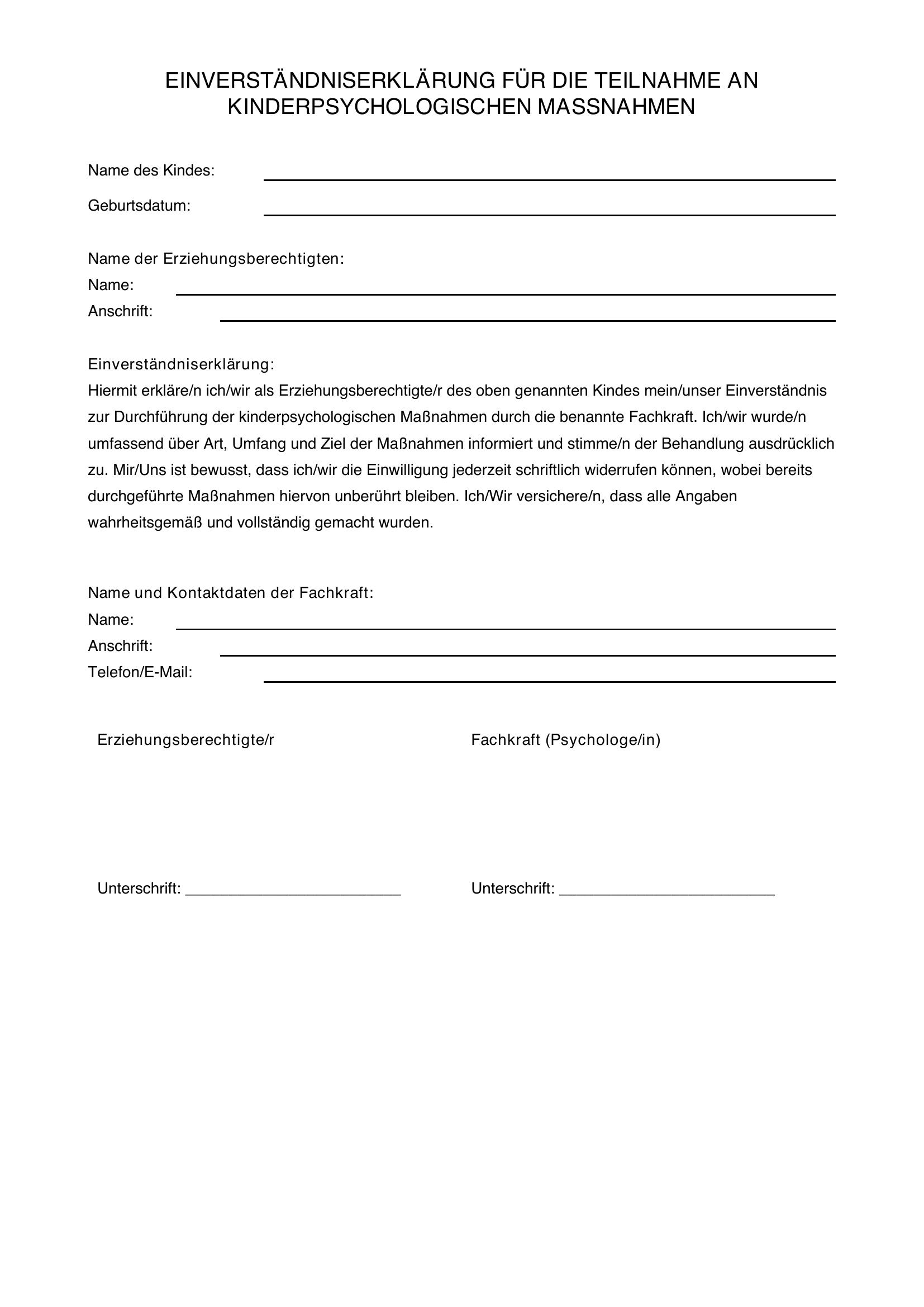 Einverständniserklärung Kinderpsychologie Vorlage