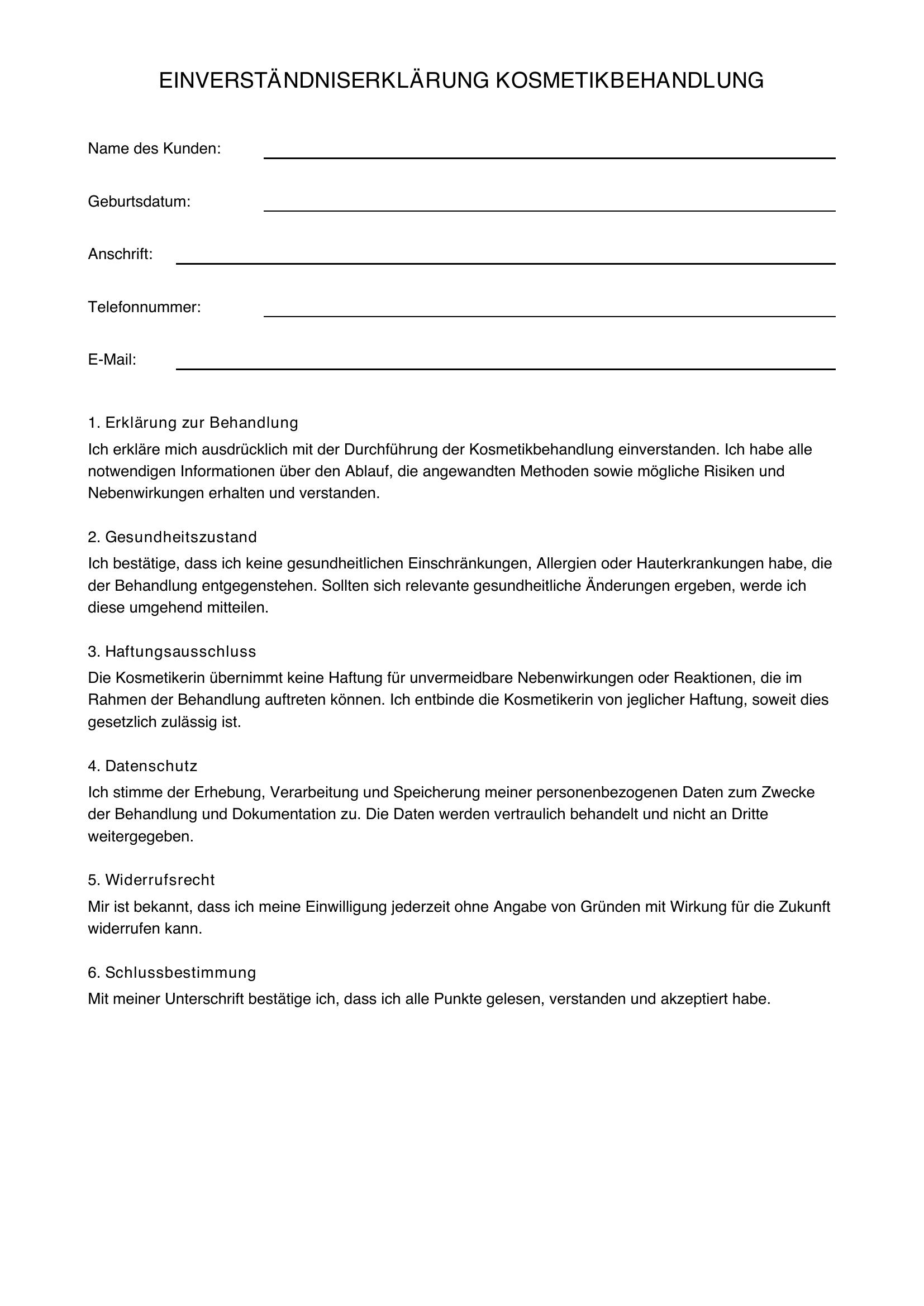 Einverständniserklärung Kosmetik Vorlage