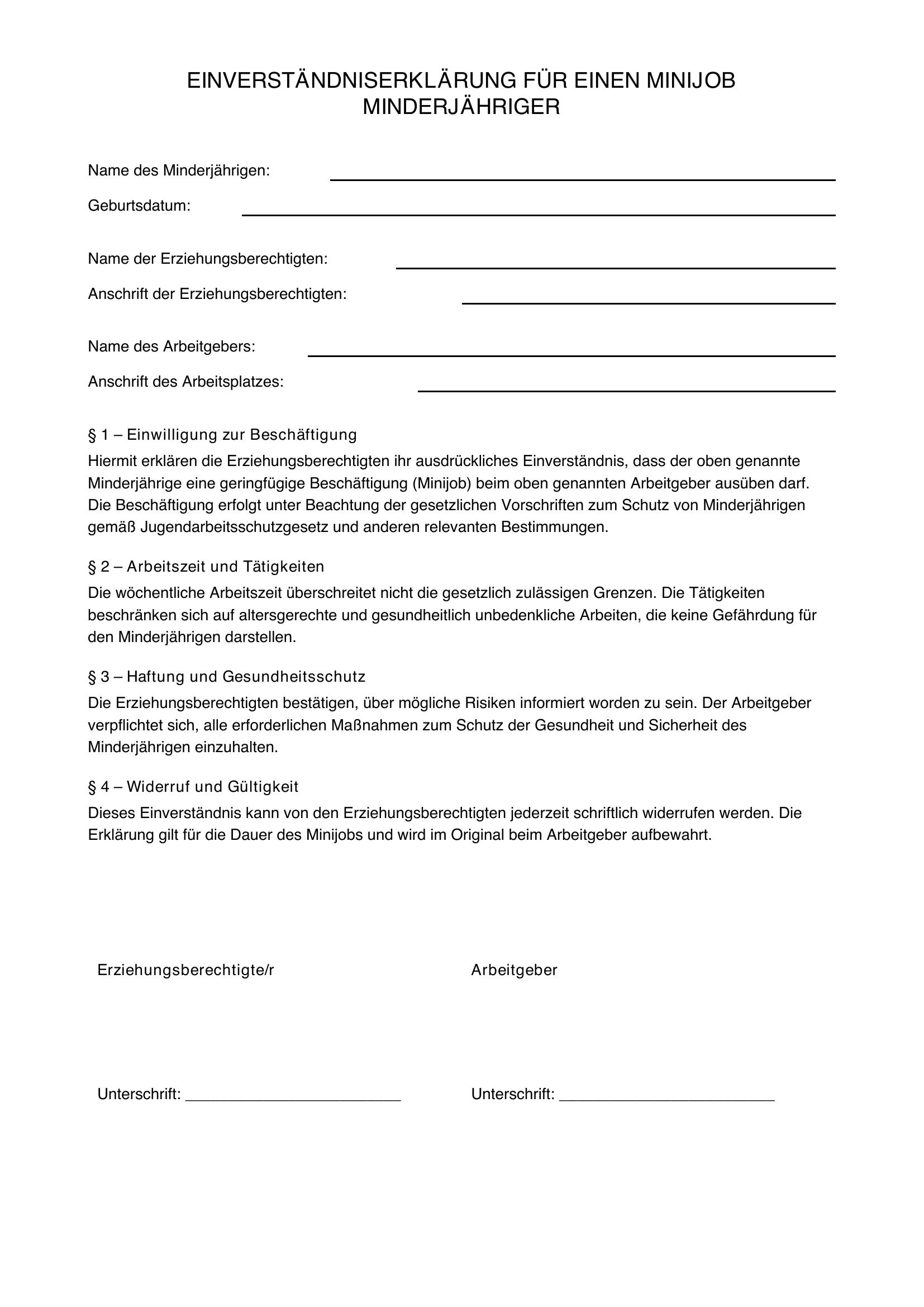 Einverständniserklärung Minijob Minderjährige