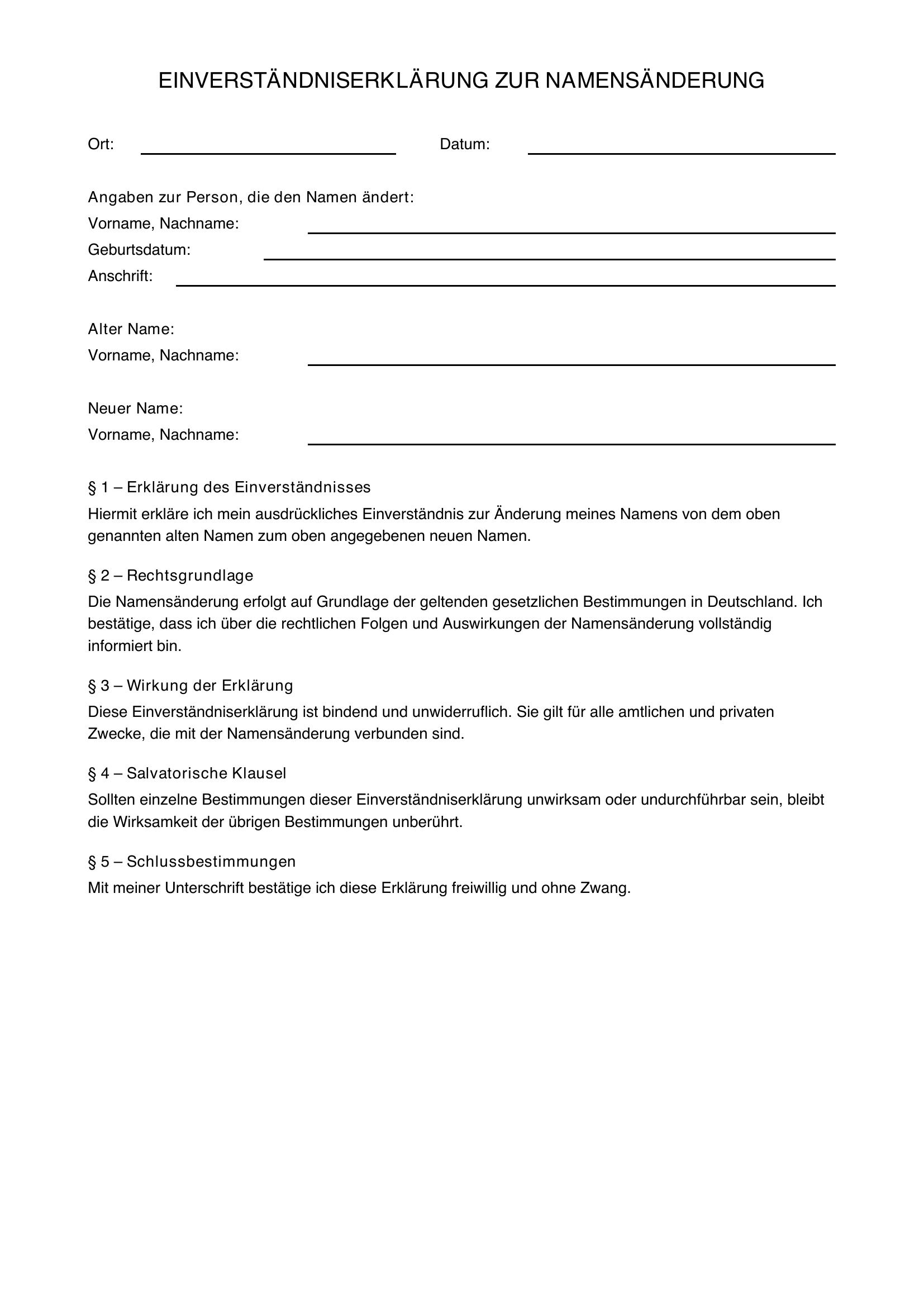 Einverständniserklärung Namensänderung Vorlage