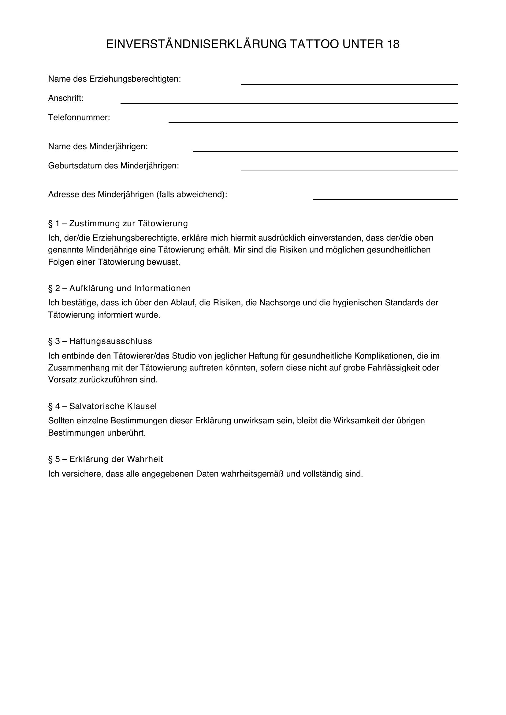Einverständniserklärung Tattoo Unter 18 Vorlage