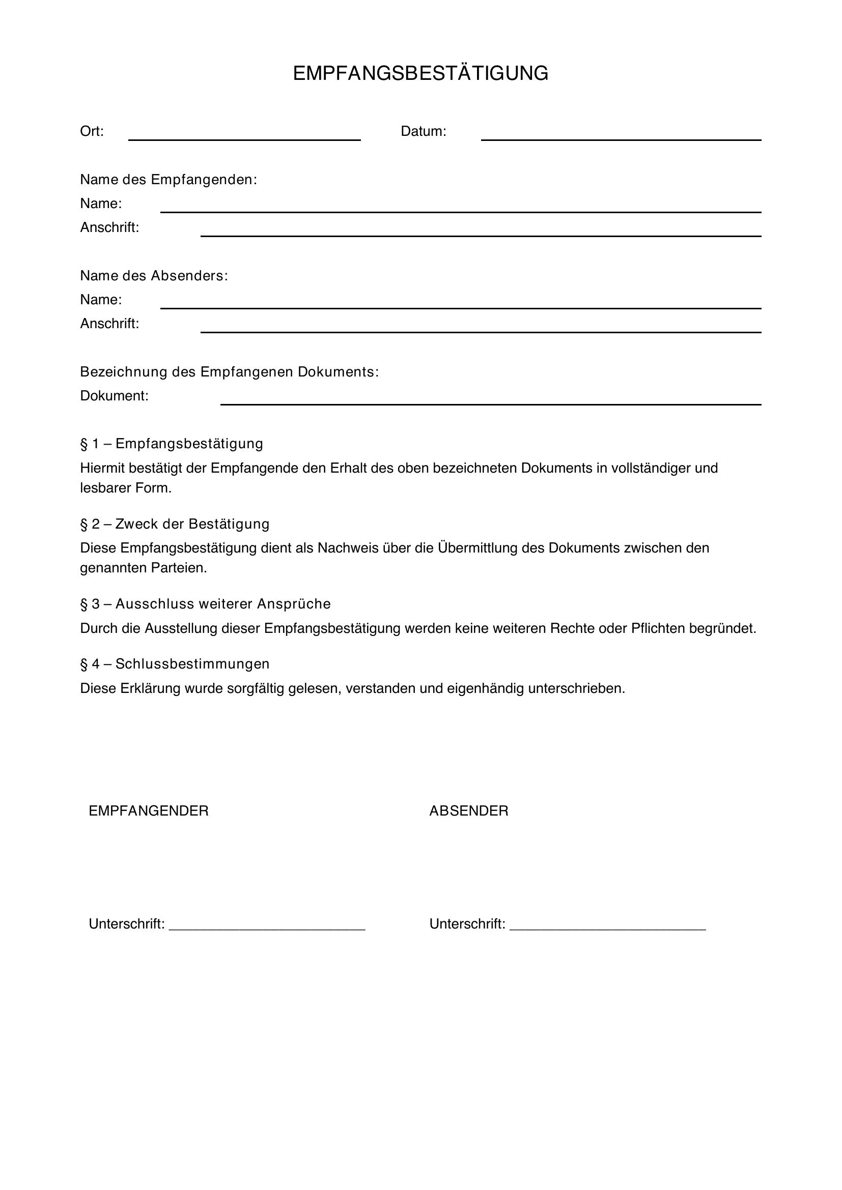 Empfangsbestätigung Vorlage