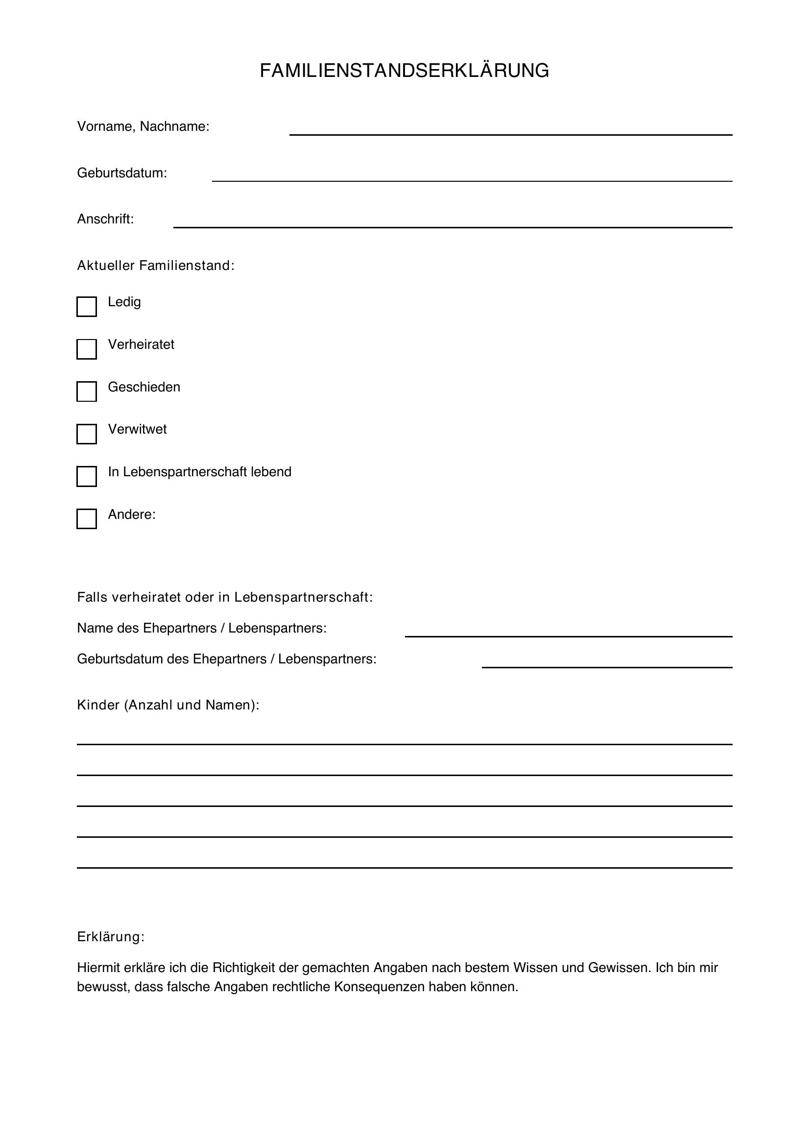 Familienstandserklärung Muster
