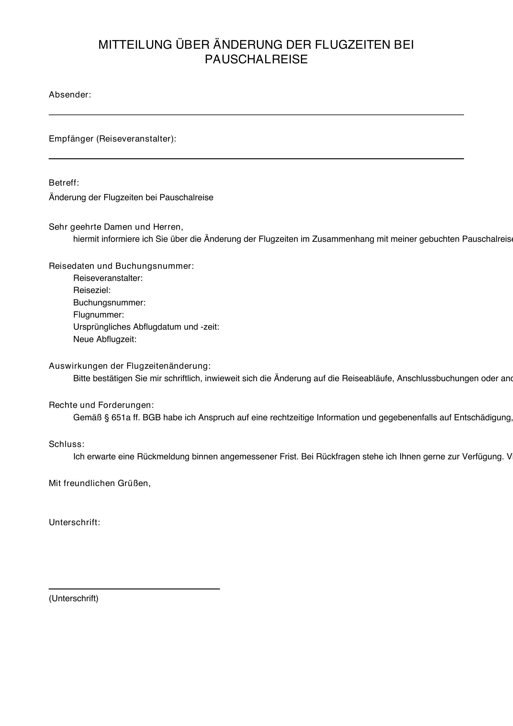 Flugzeitenänderung Pauschalreise Musterbrief