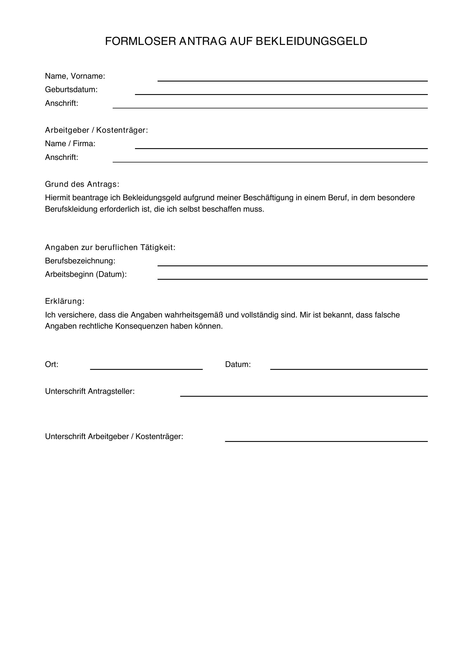Formloser Antrag Auf Bekleidungsgeld