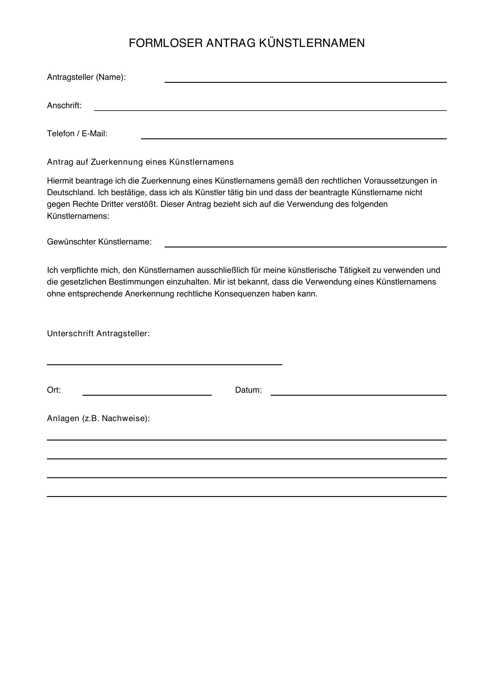 Formloser Antrag Künstlername