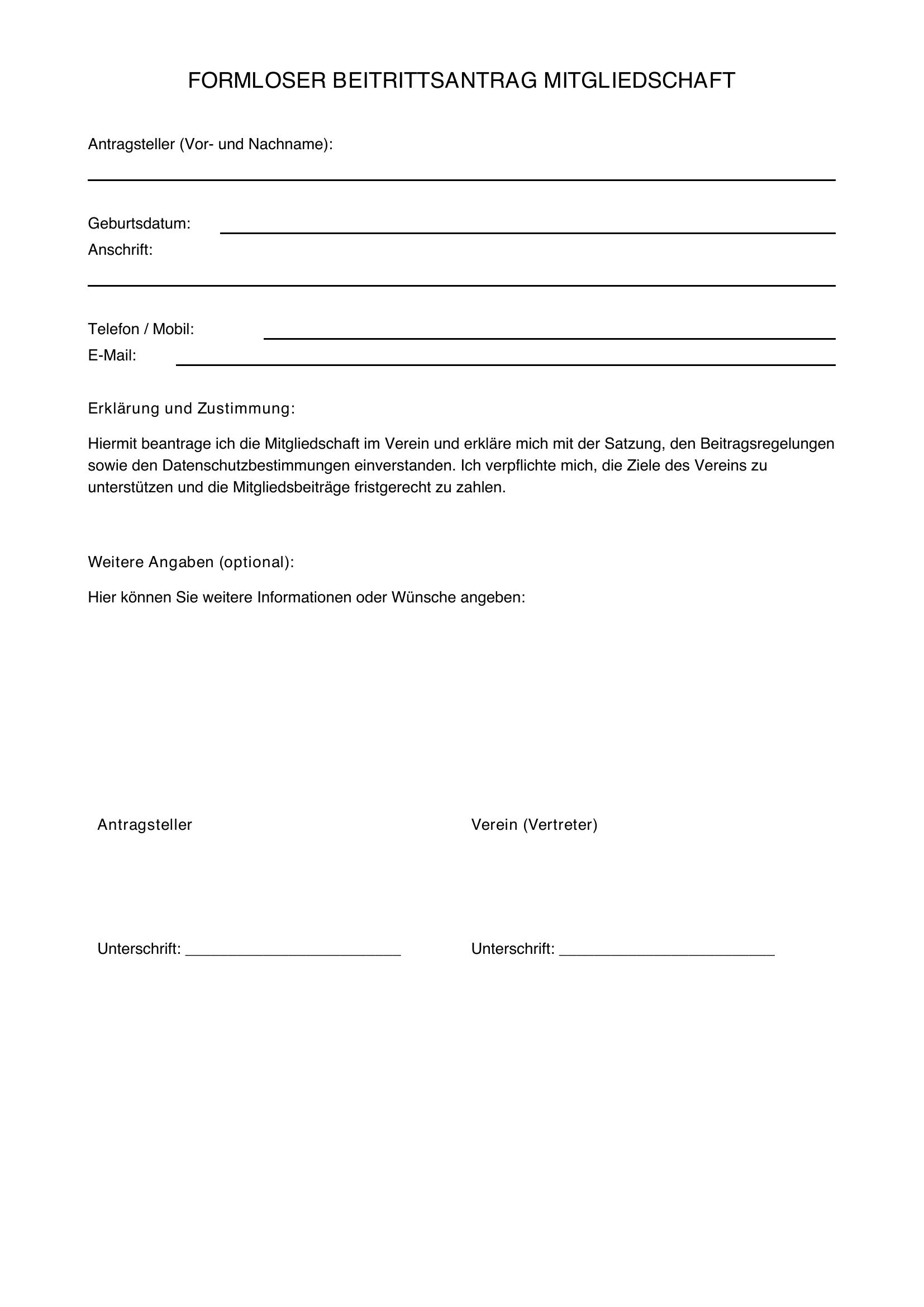 Formloser Antrag Mitgliedschaft Verein Muster