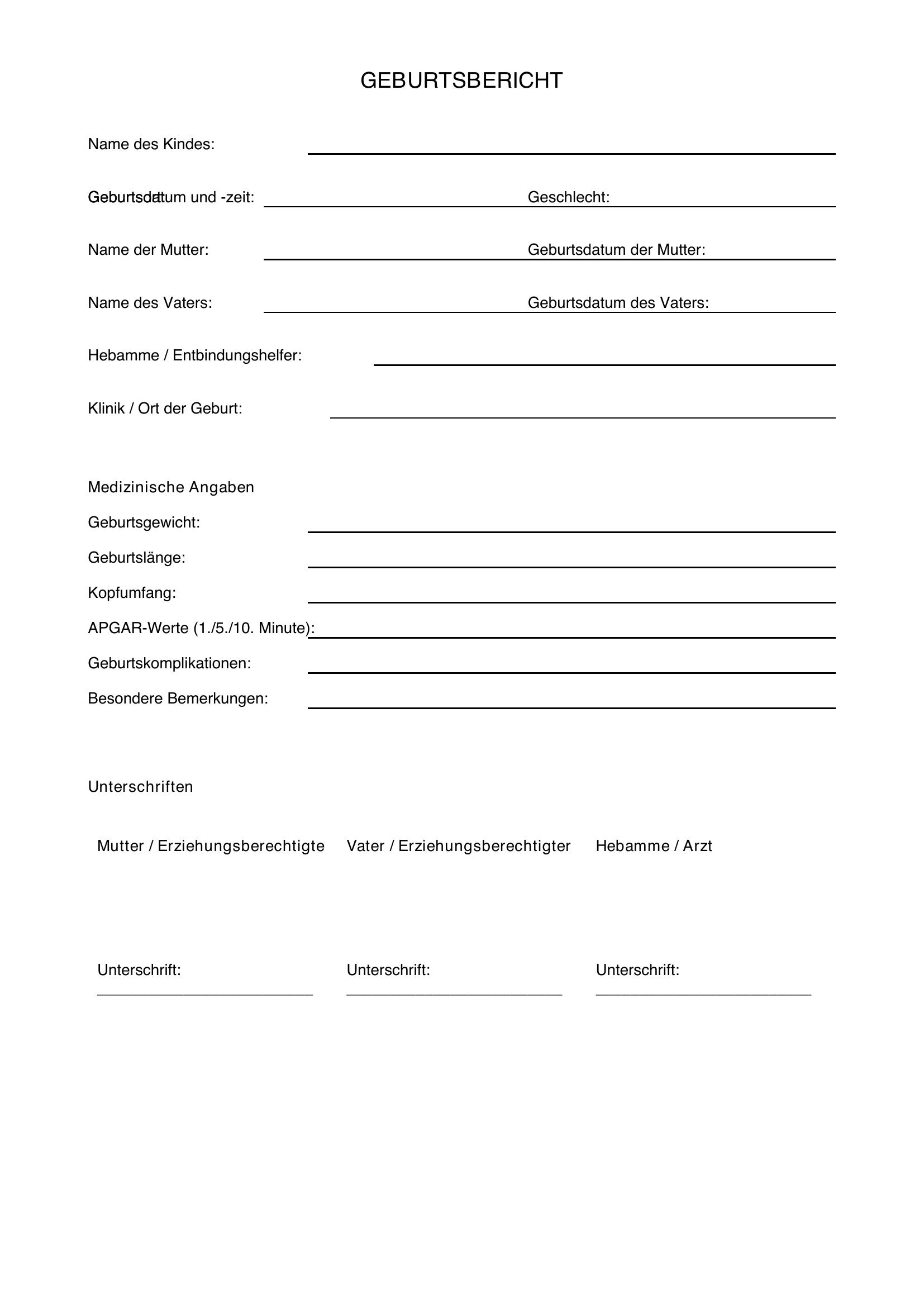 Geburtsbericht Anfordern Vorlage