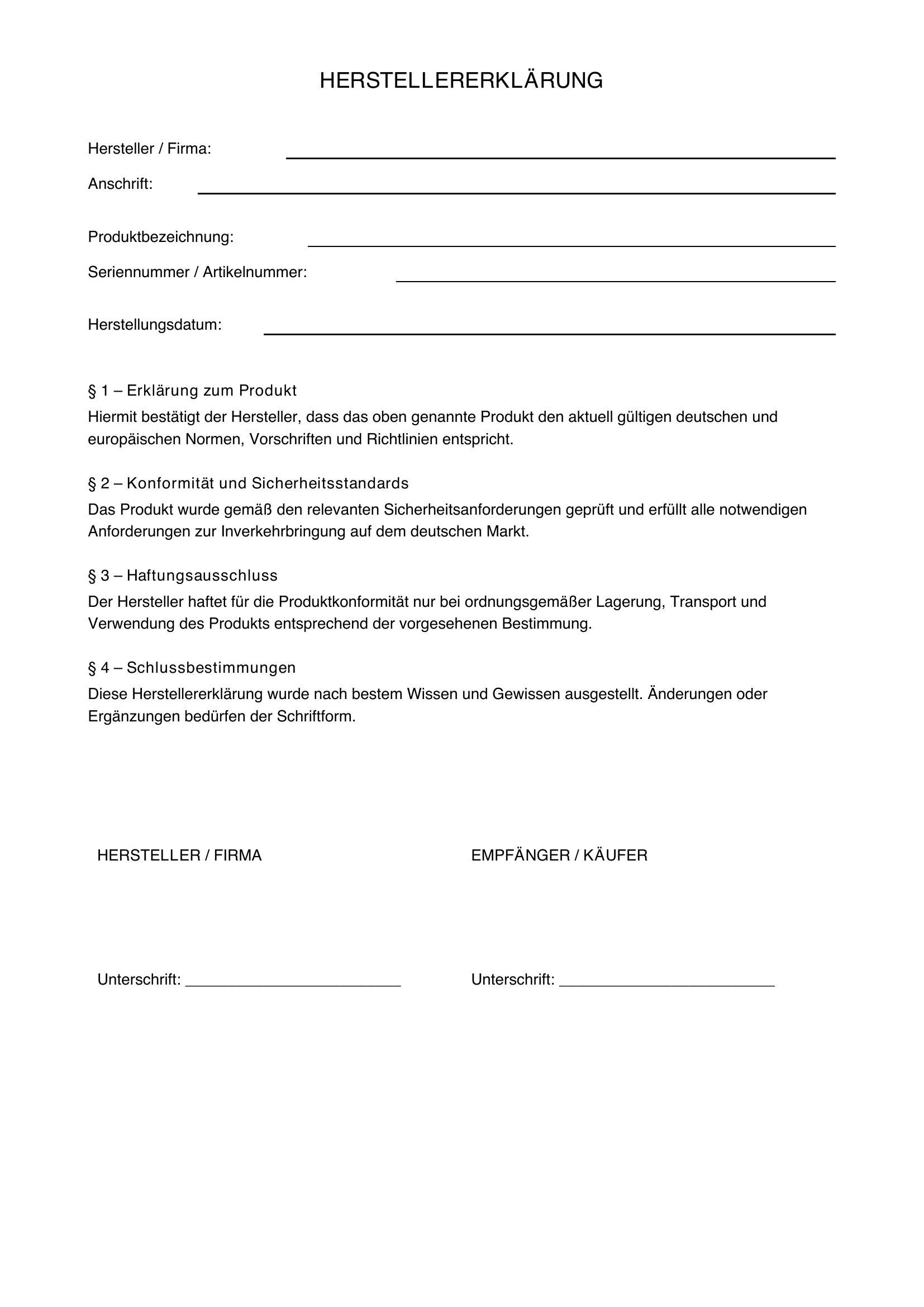 Herstellererklärung Muster