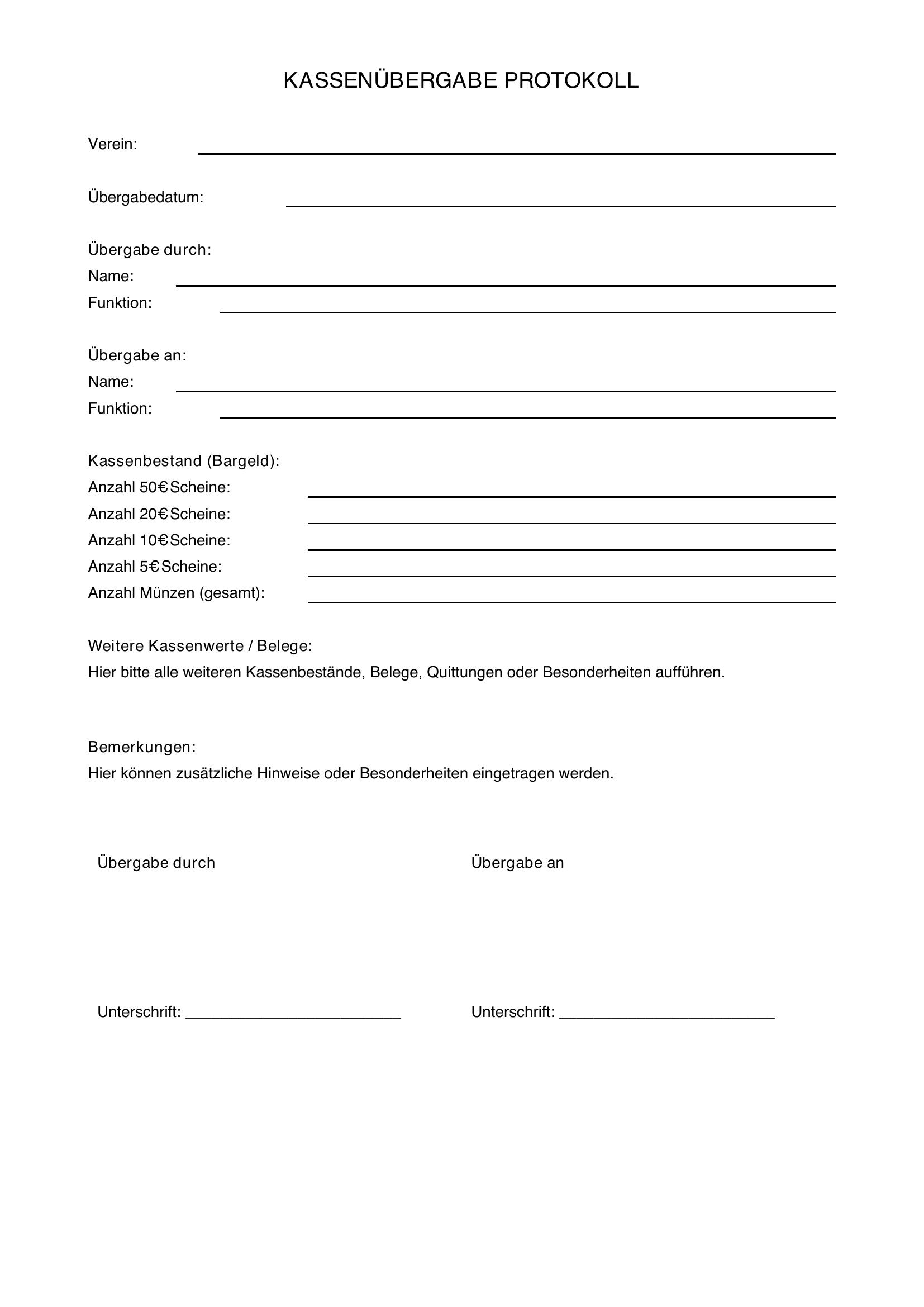 Kassenübergabe Protokoll Verein Muster
