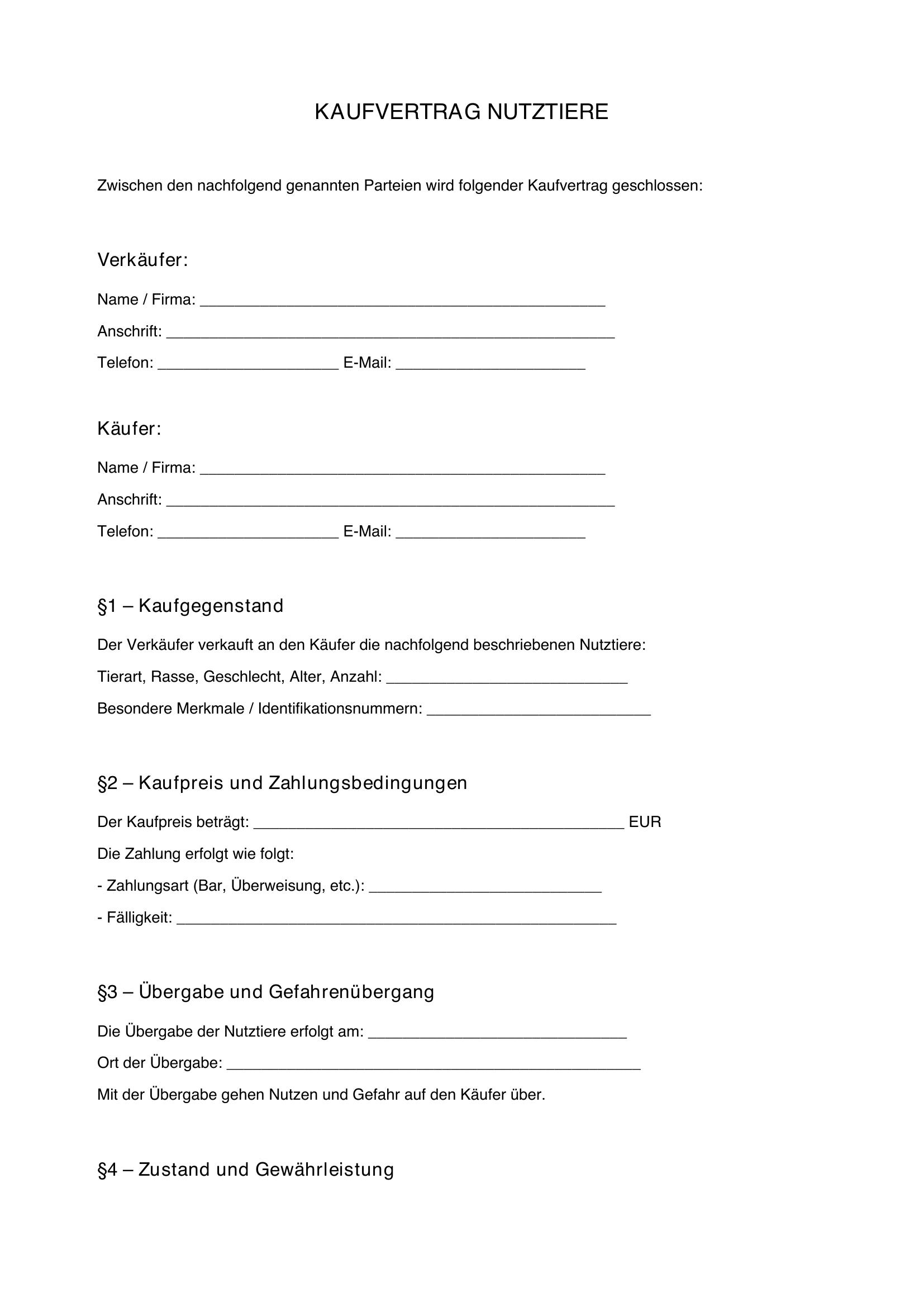 Kaufvertrag Nutztiere Muster