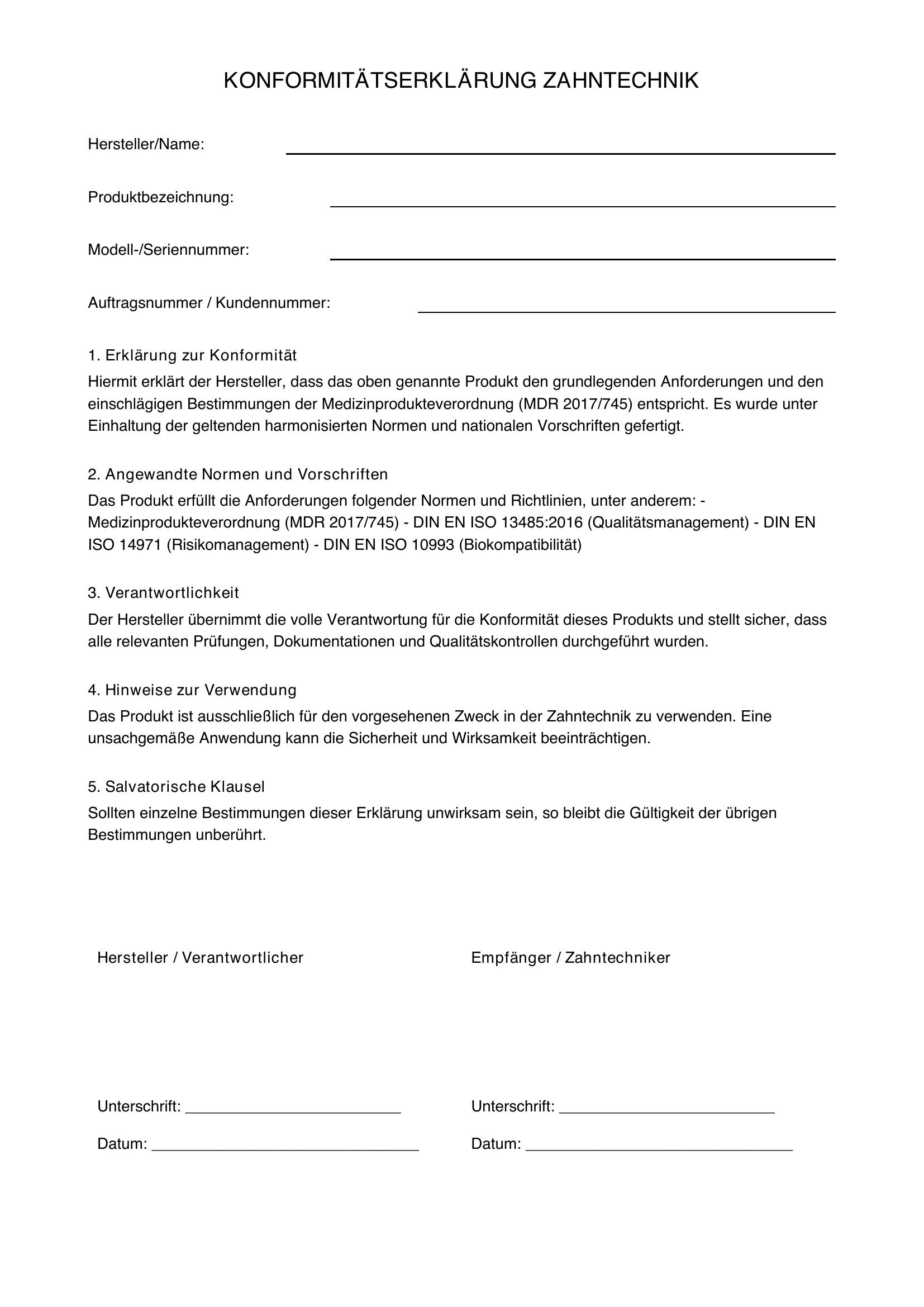 Konformitätserklärung Zahntechnik Muster
