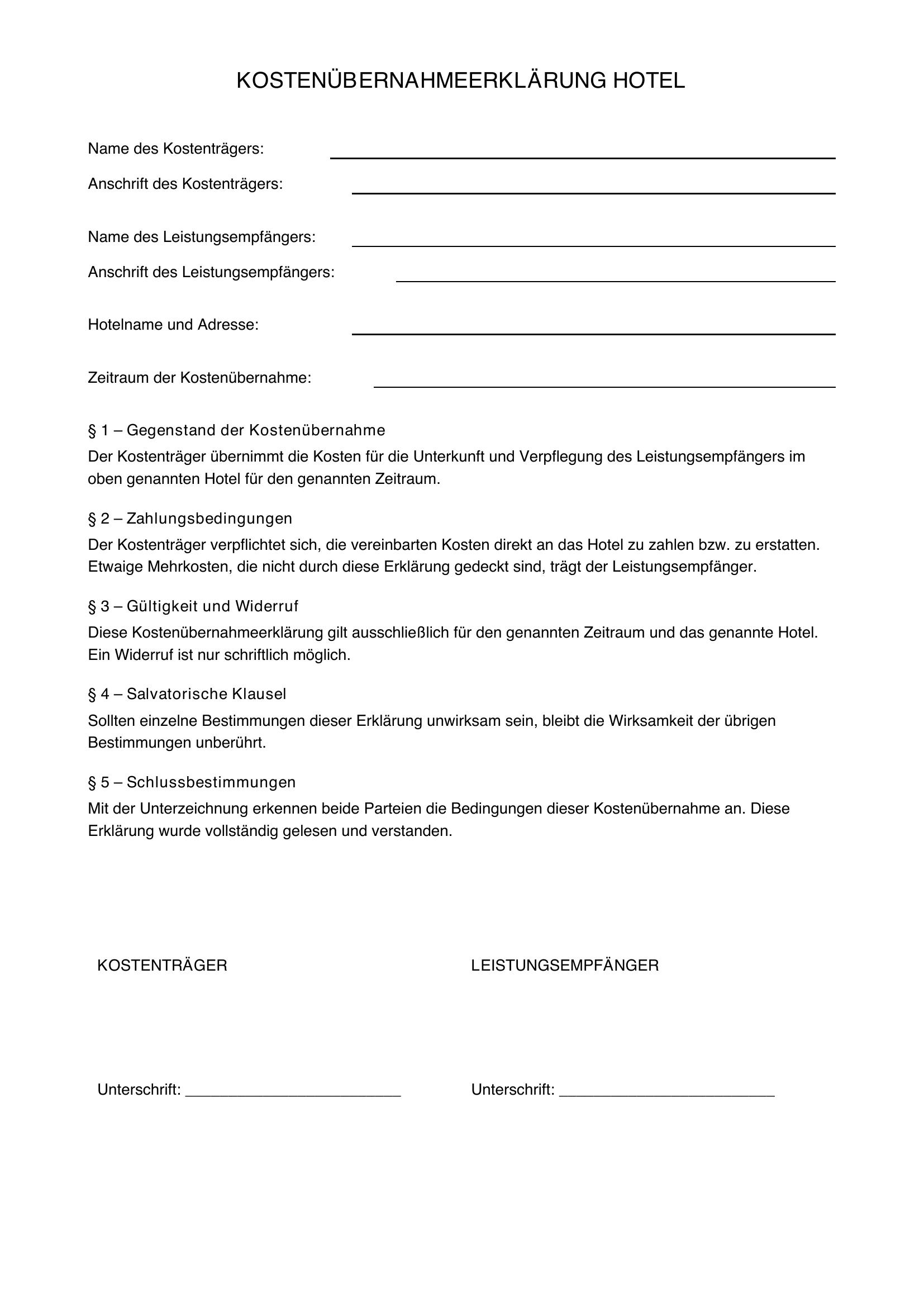 Kostenübernahmeerklärung Hotel Vorlage