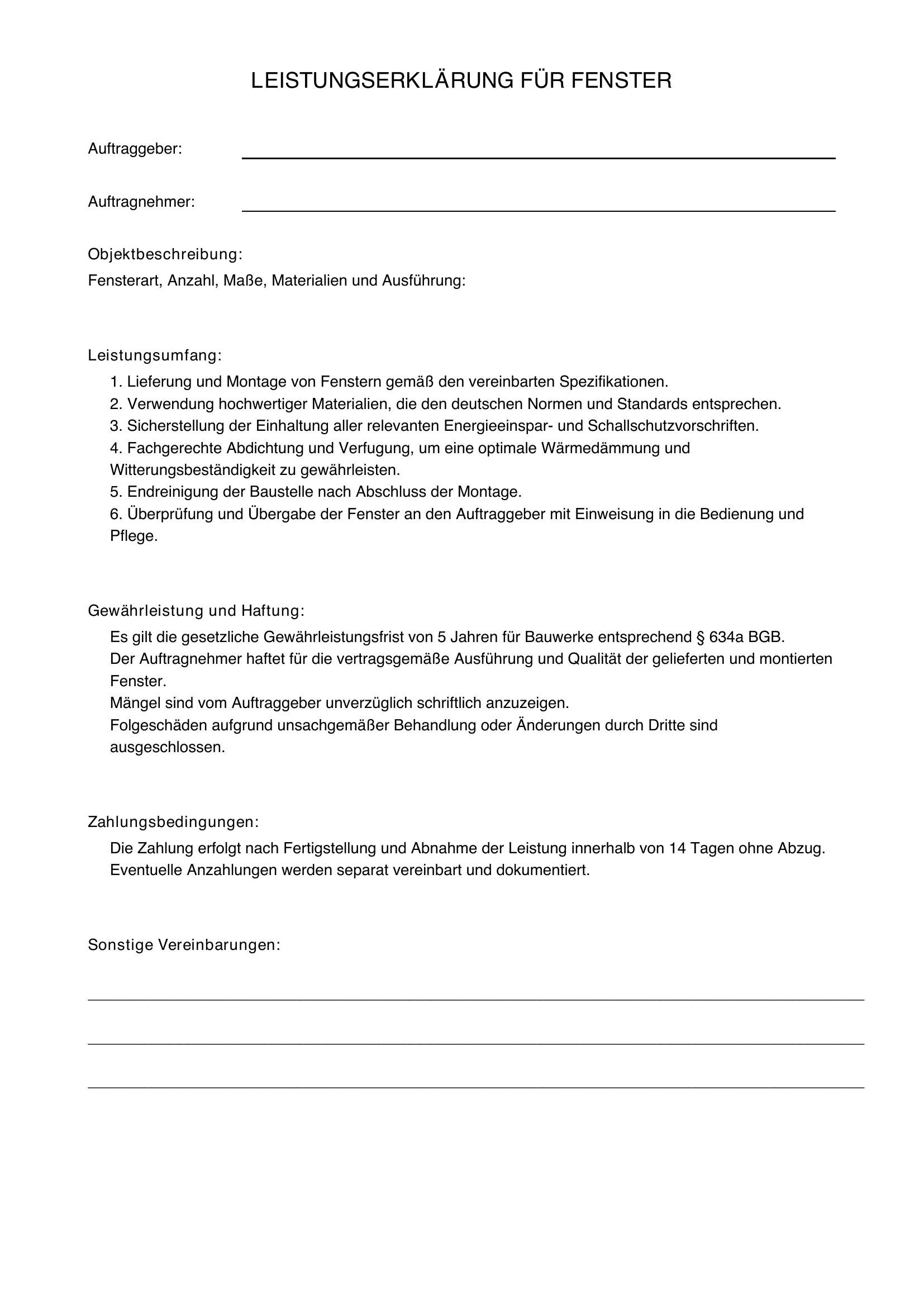 Leistungserklärung Fenster Vordruck