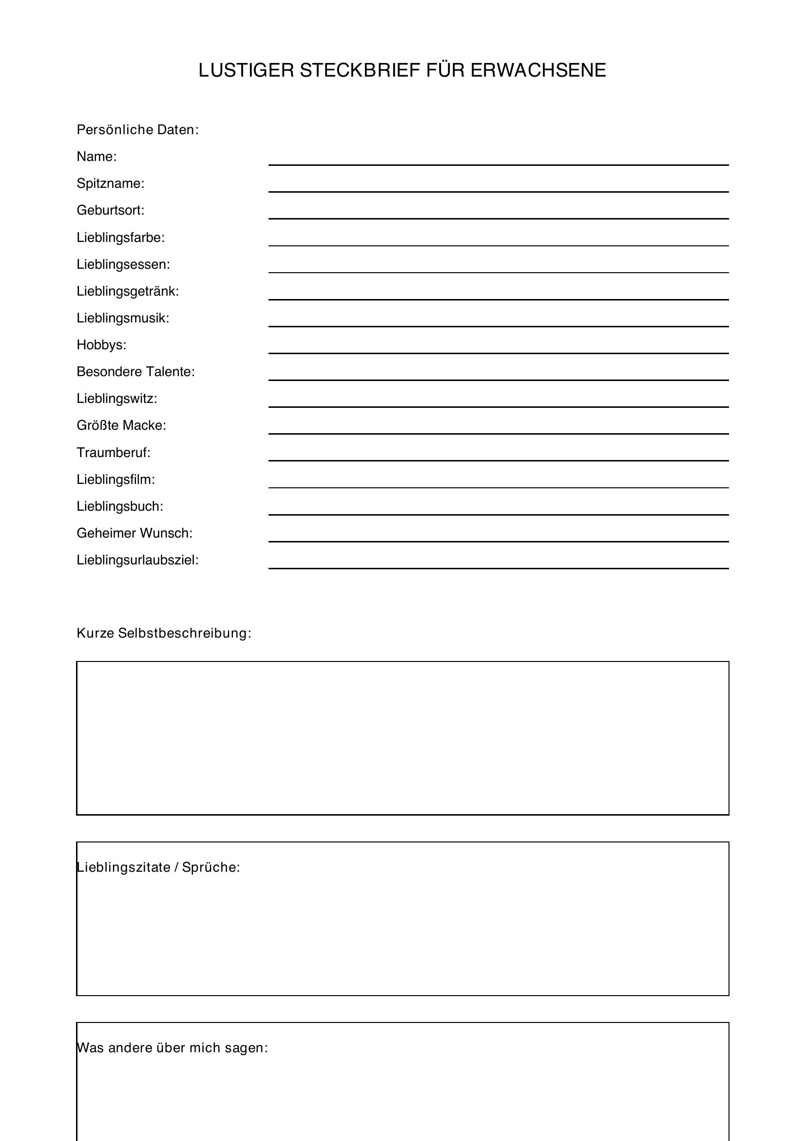 Lustiger Steckbrief Erwachsene