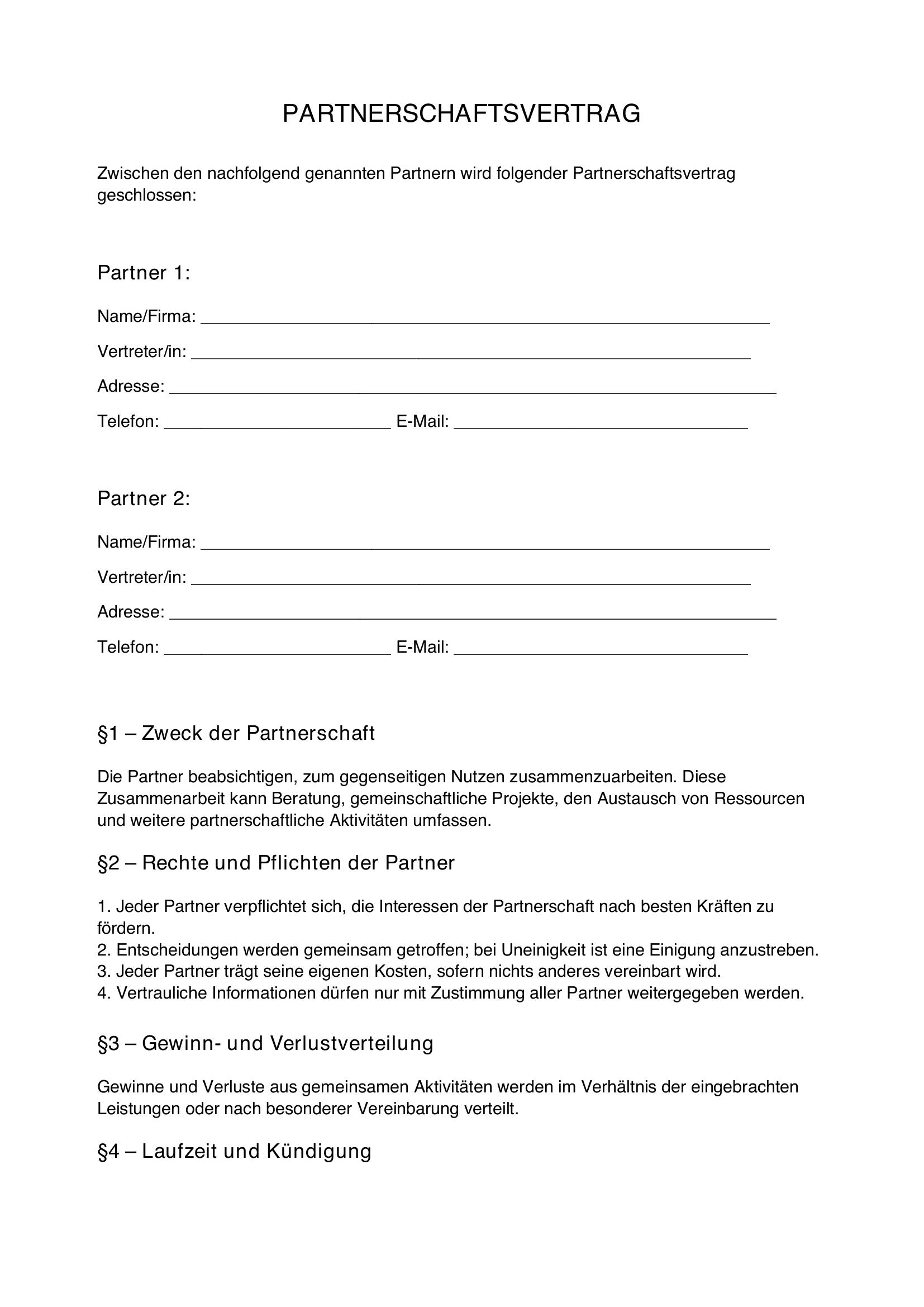 Partnerschaftsvertrag Vorlage