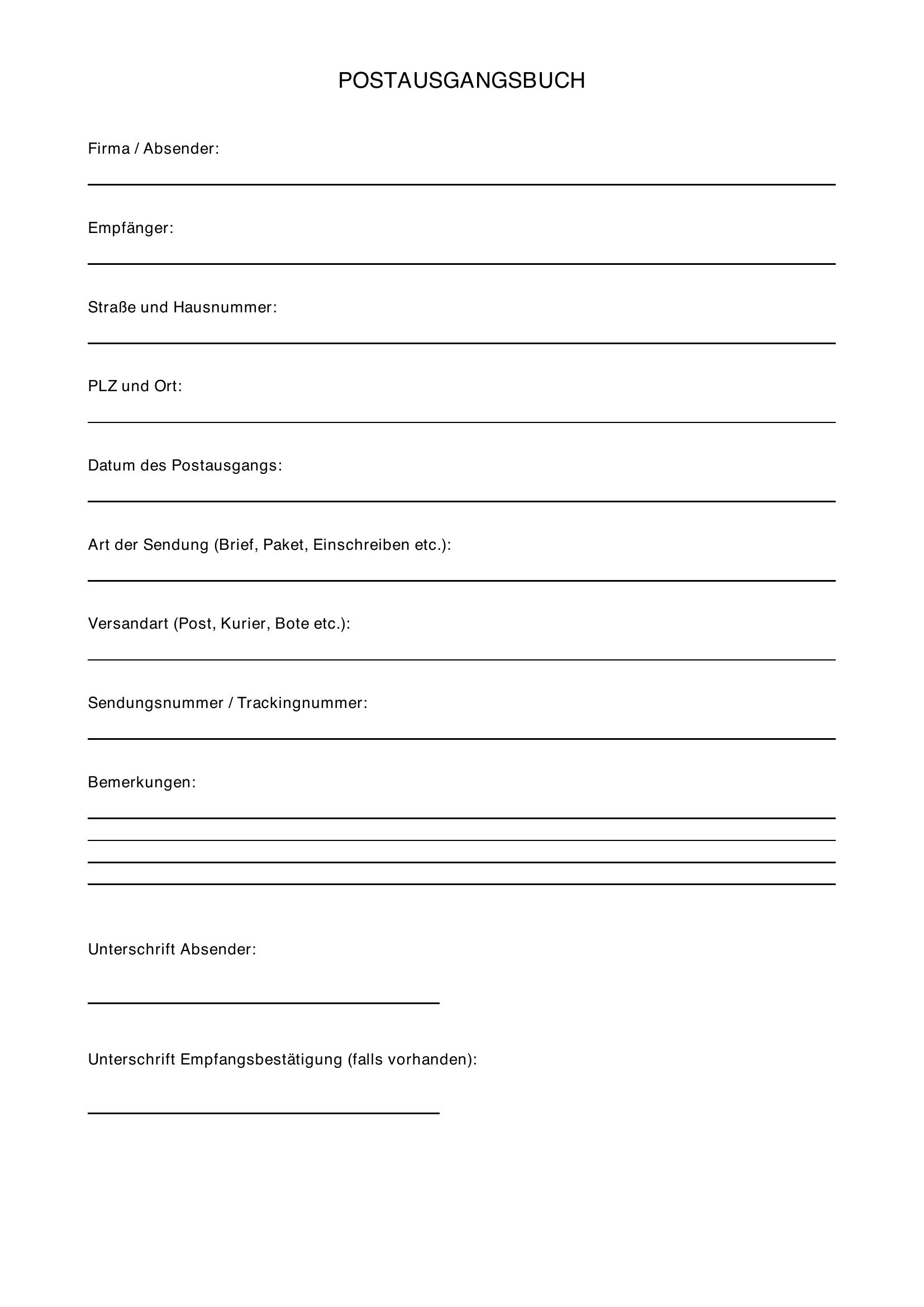 Postausgangsbuch Vorlage