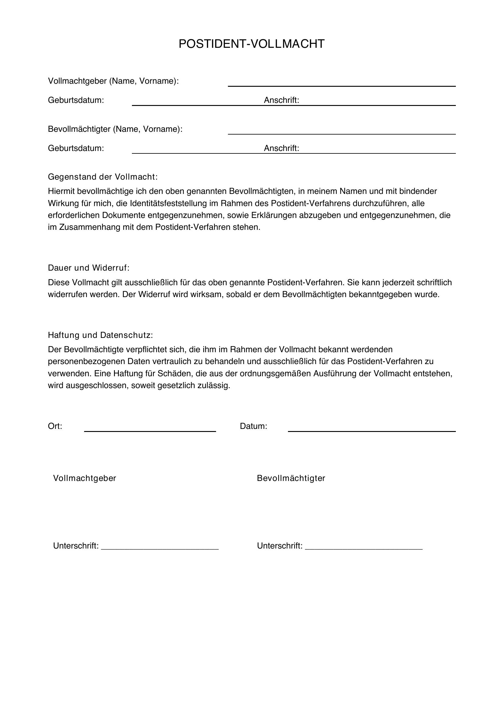 Postident Vollmacht Vordruck