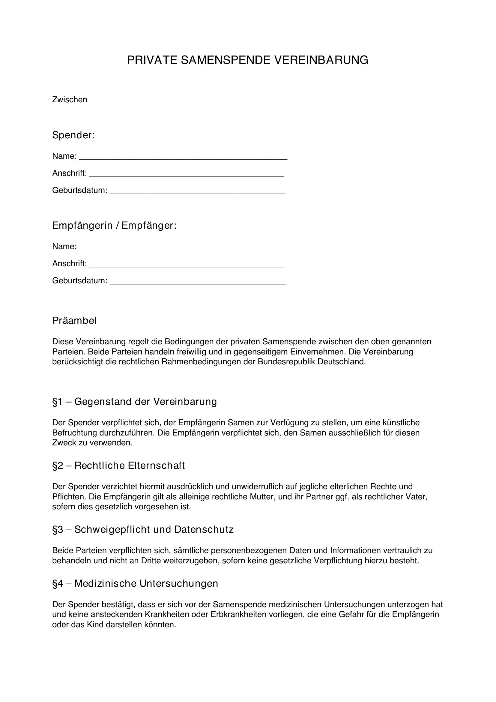 Private Samenspende Vertrag Vorlage