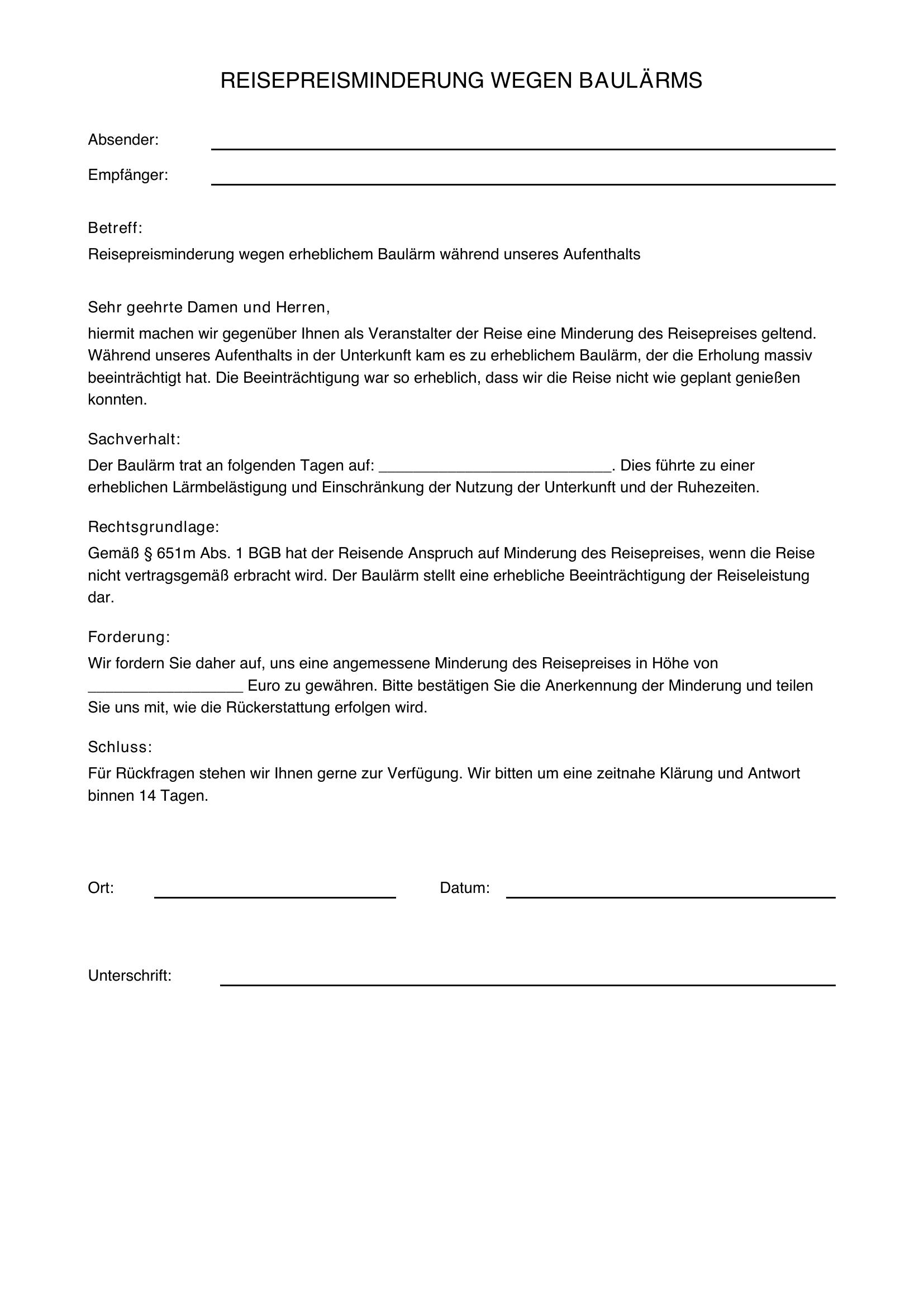 Reisepreisminderung Baulärm Musterbrief