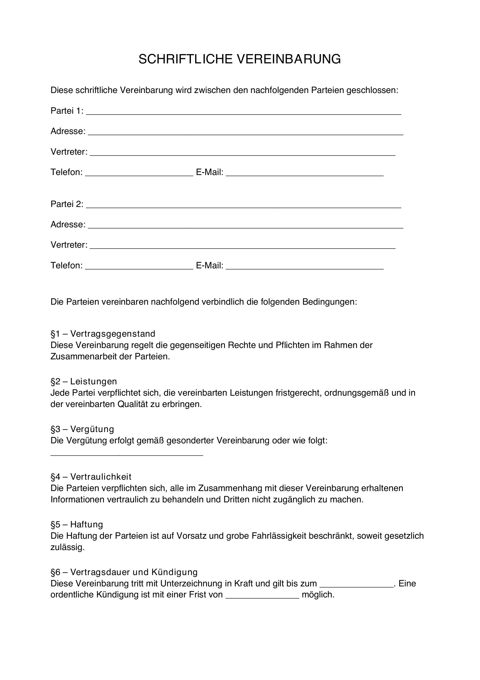 Schriftliche Vereinbarung Vorlage
