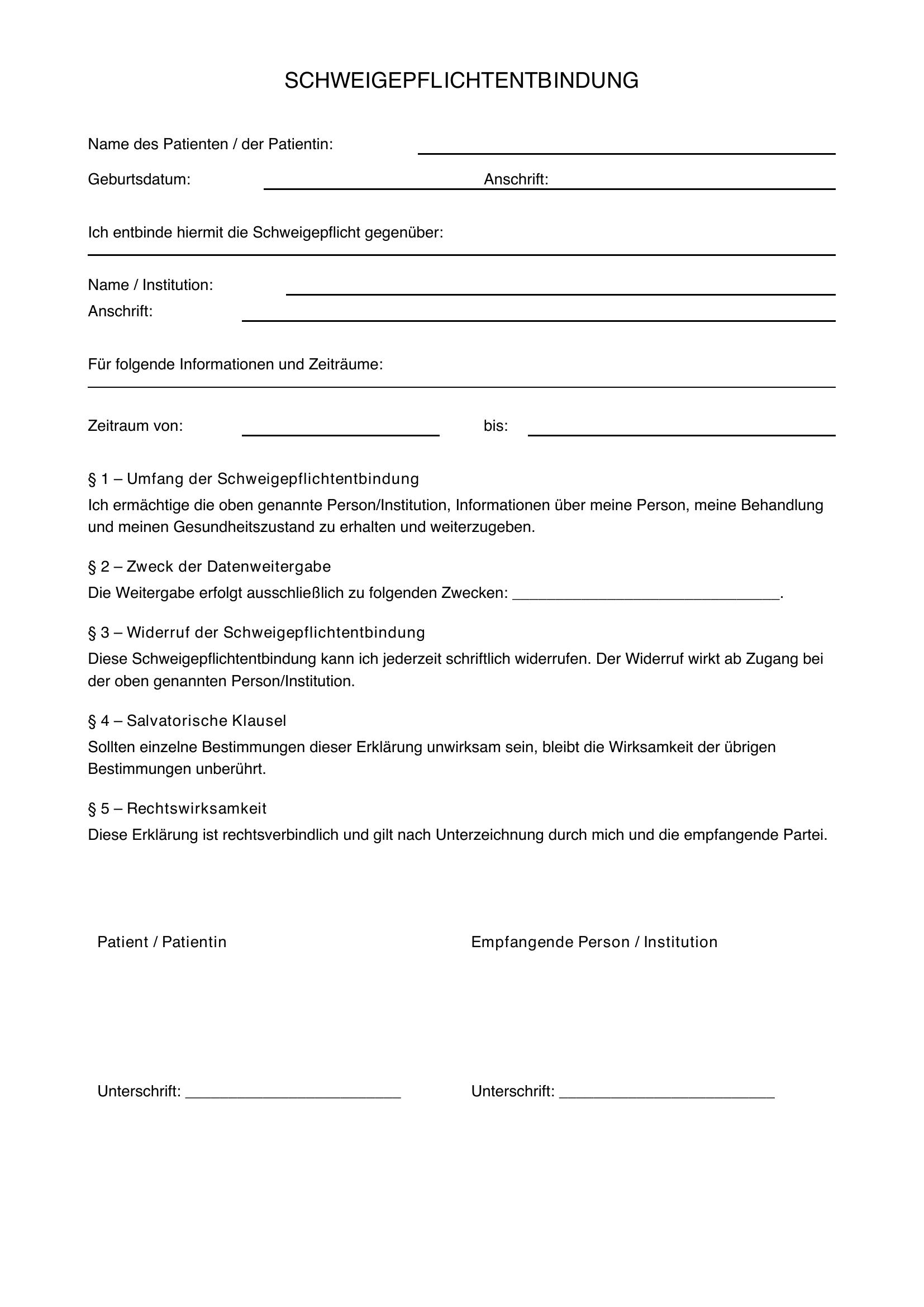 Schweigepflichtentbindung Vorlage