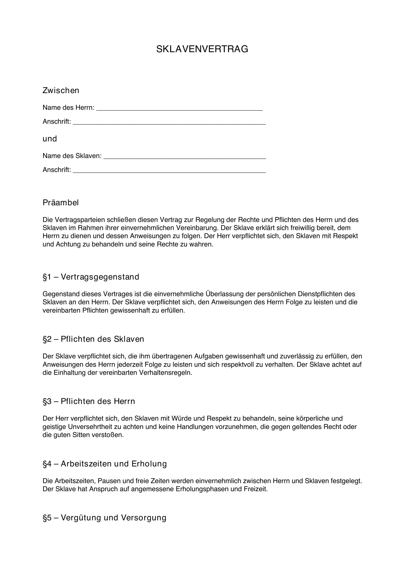 Sklavenvertrag Muster