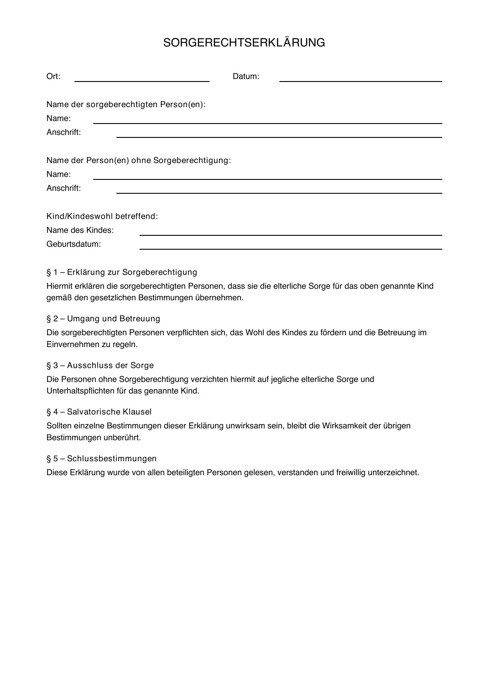 Sorgeerklärung Muster