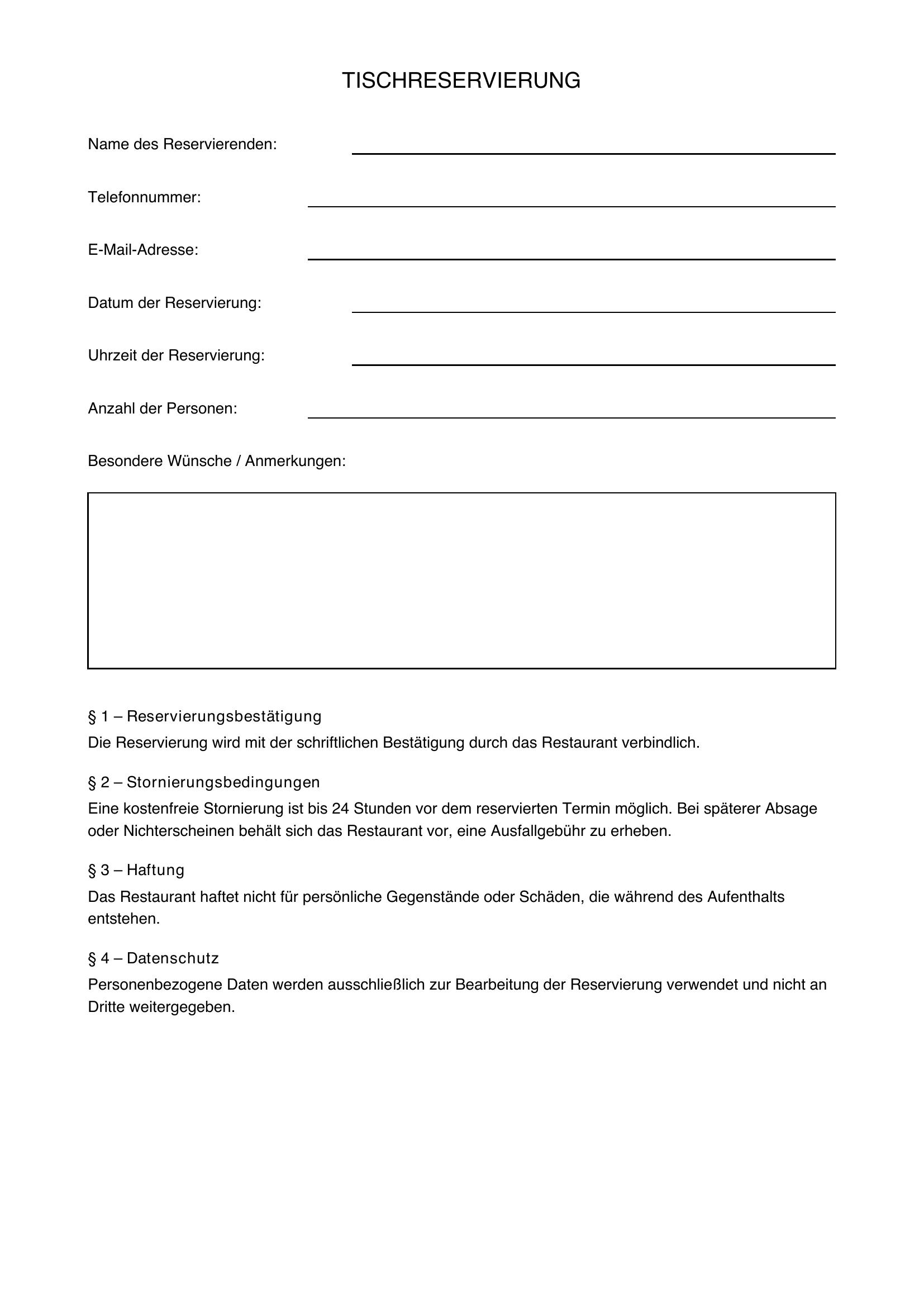 Tisch Reservieren Formulierung