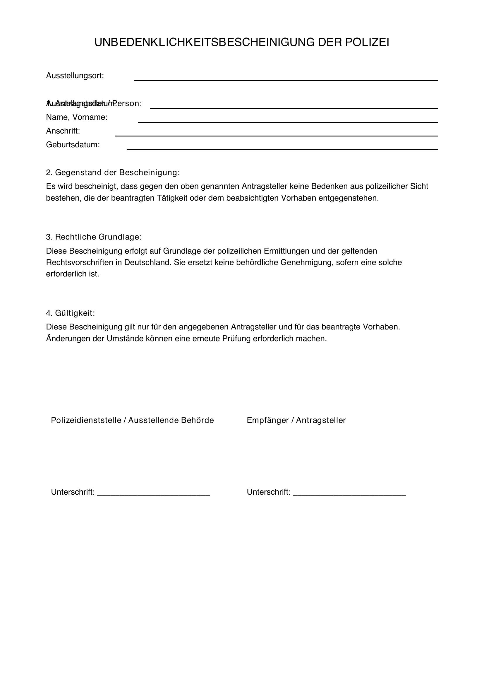 Unbedenklichkeitsbescheinigung Polizei