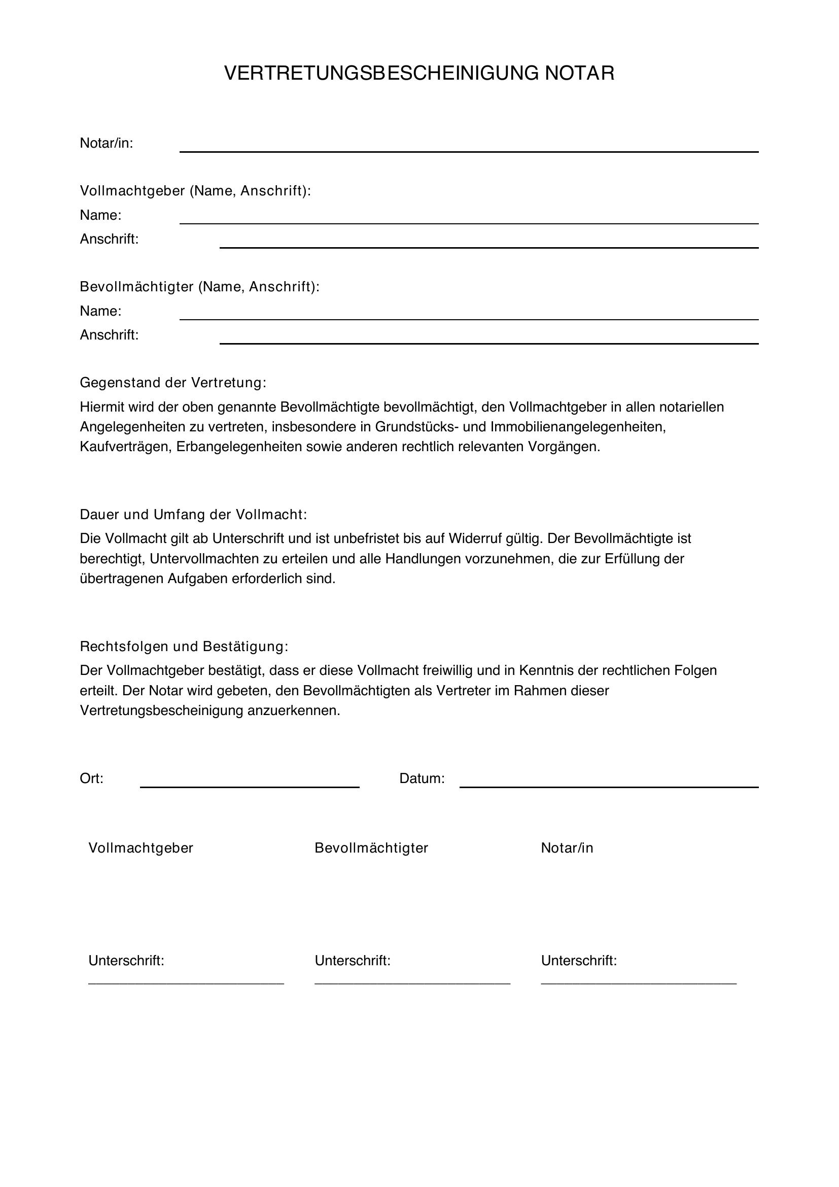 Vertretungsbescheinigung Notar Muster