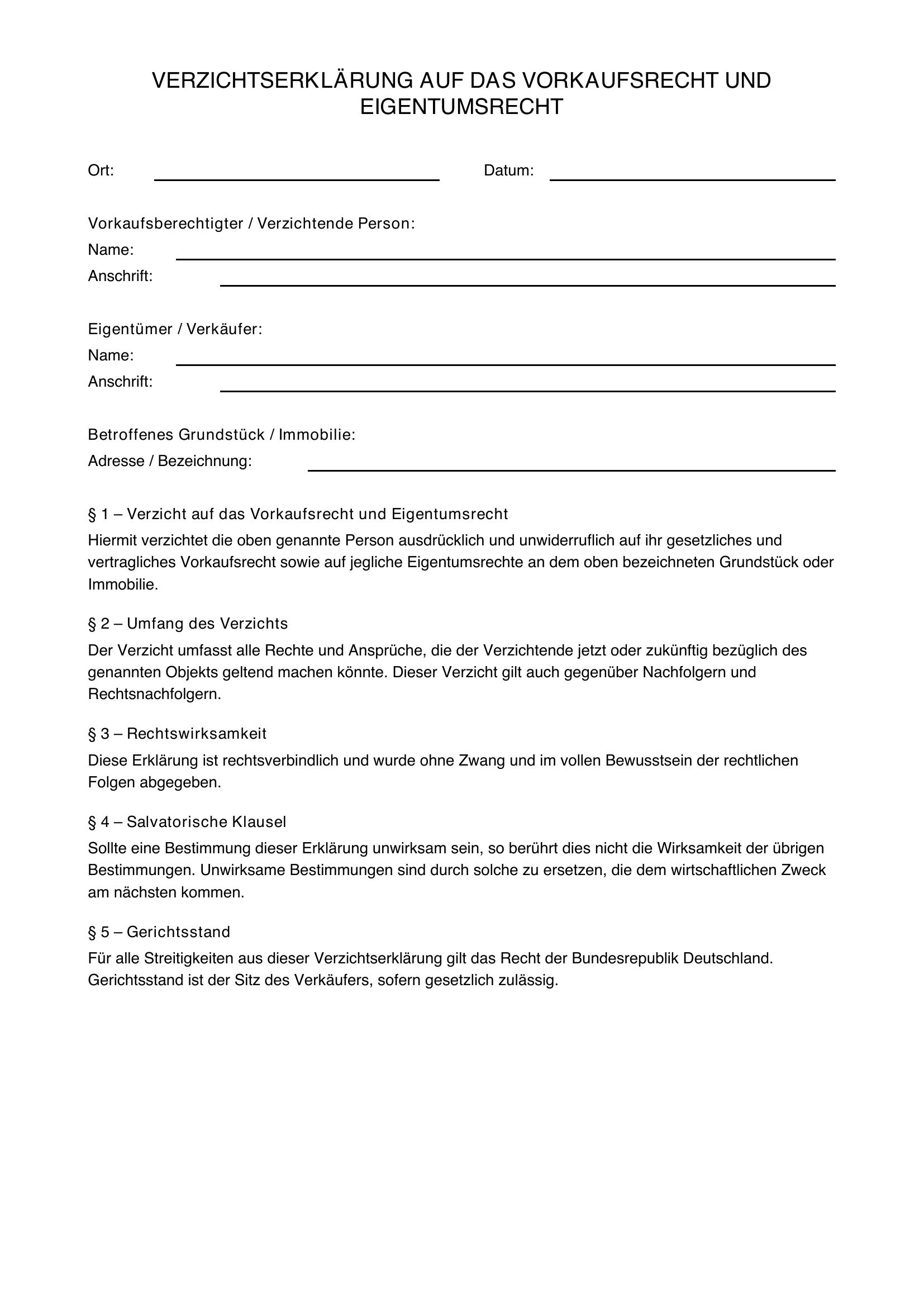 Verzichtserklärung Eigentum Muster