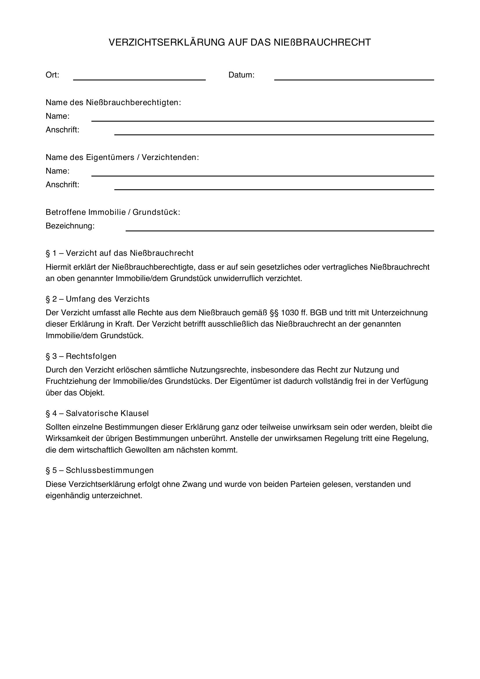 Verzichtserklärung Nießbrauch Muster