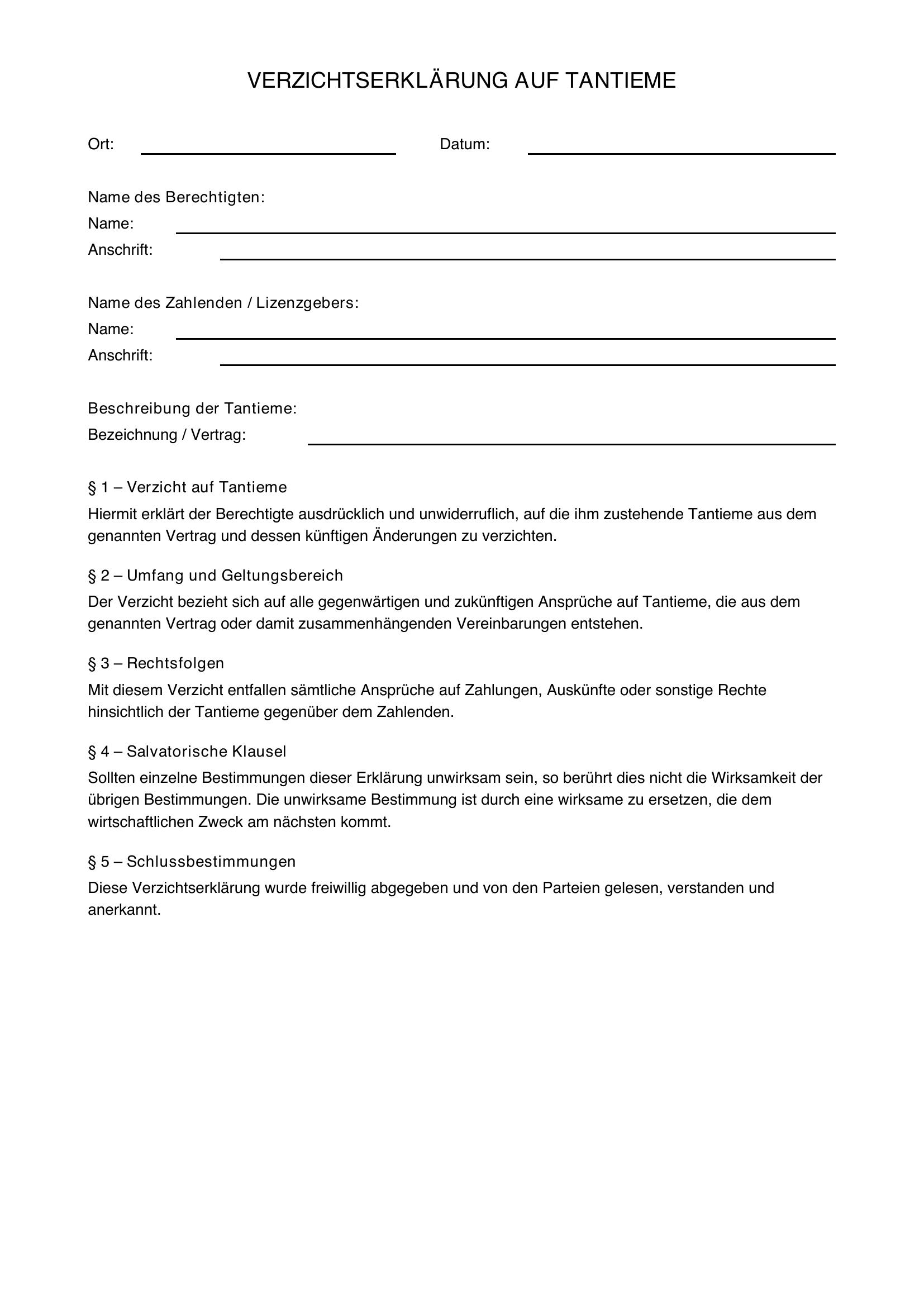 Verzichtserklärung Tantieme Muster