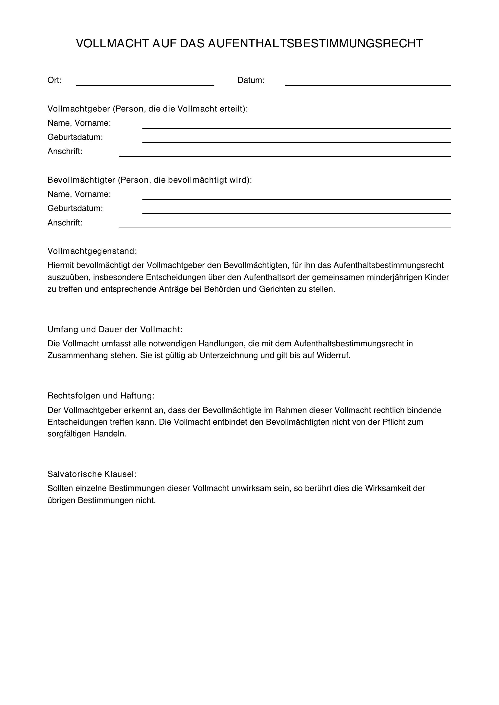 Vollmacht Aufenthaltsbestimmungsrecht Muster