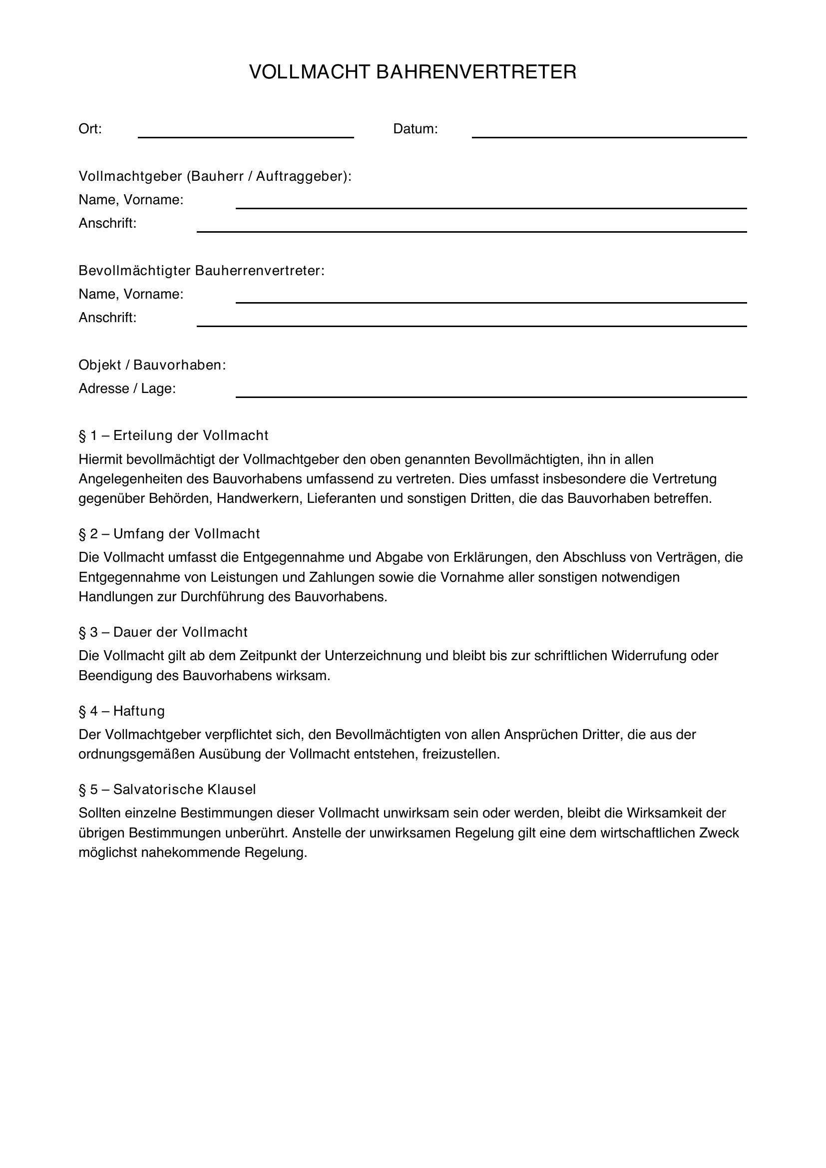Vollmacht Bauherrenvertreter Vorlage