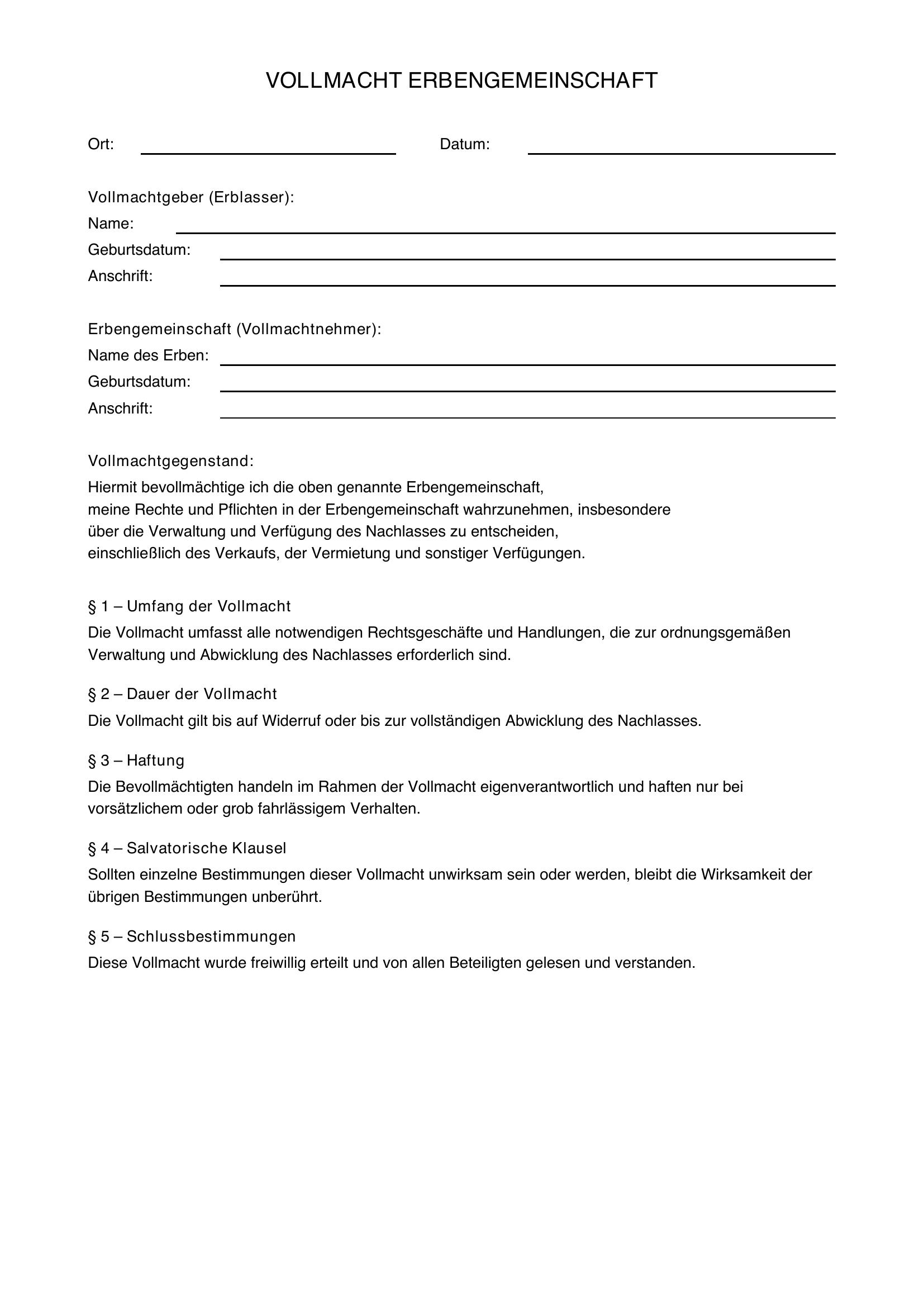 Vollmacht Erbengemeinschaft Vorlage