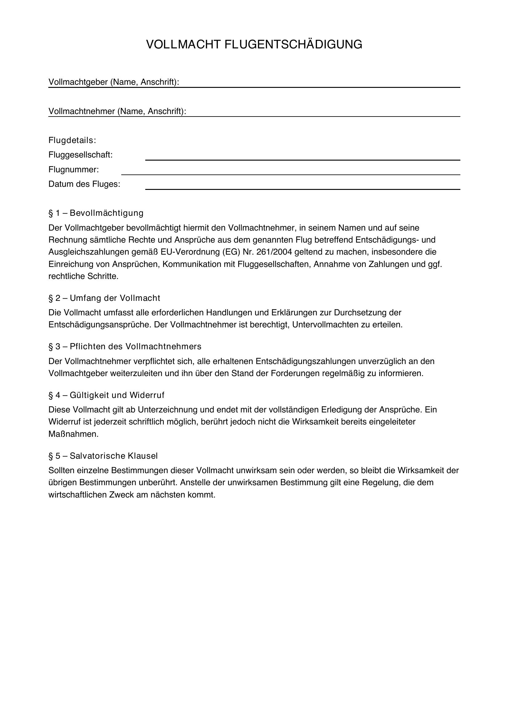 Vollmacht Flug Entschädigung Vorlage
