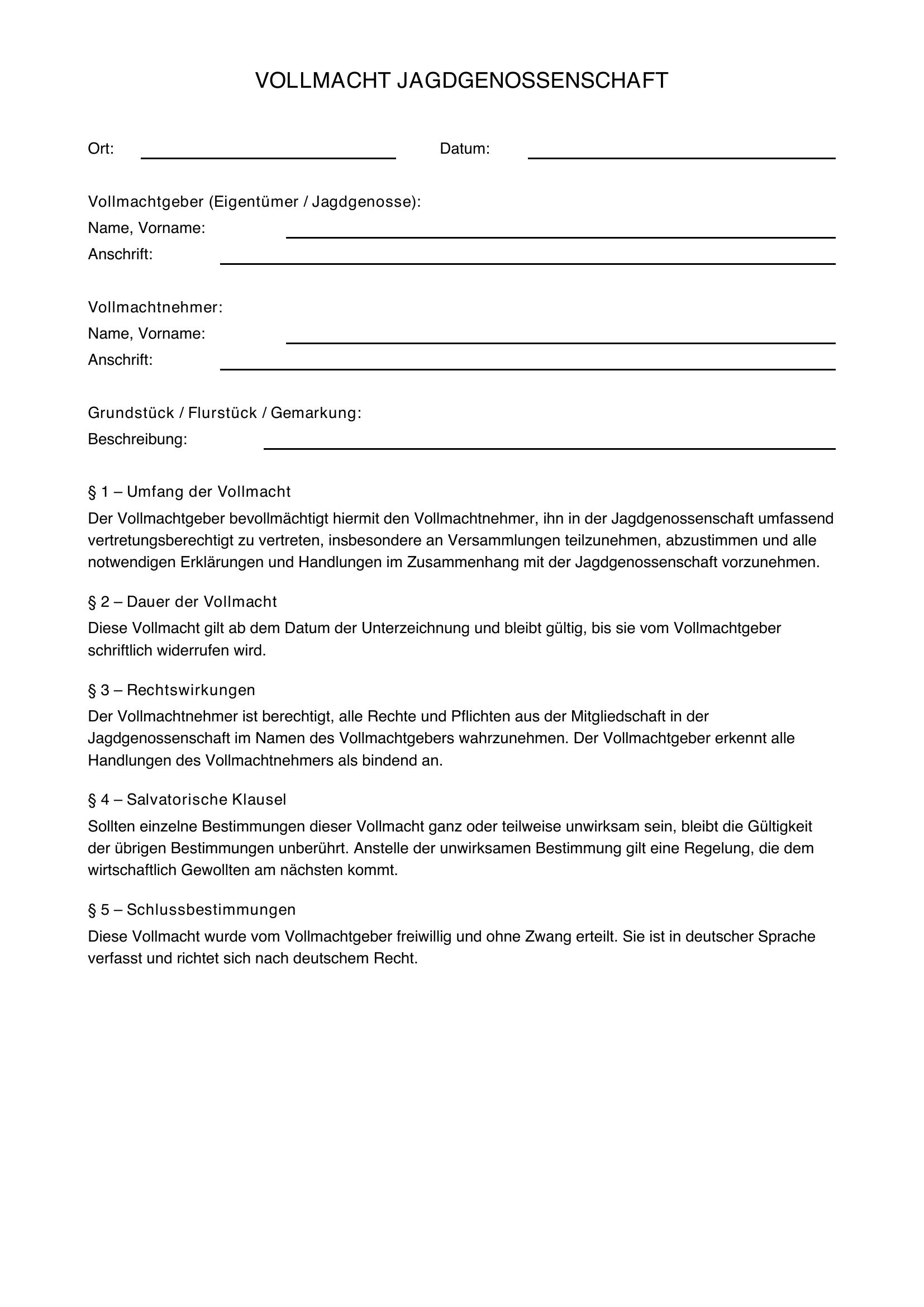 Vordruck Vollmacht Jagdgenossenschaft