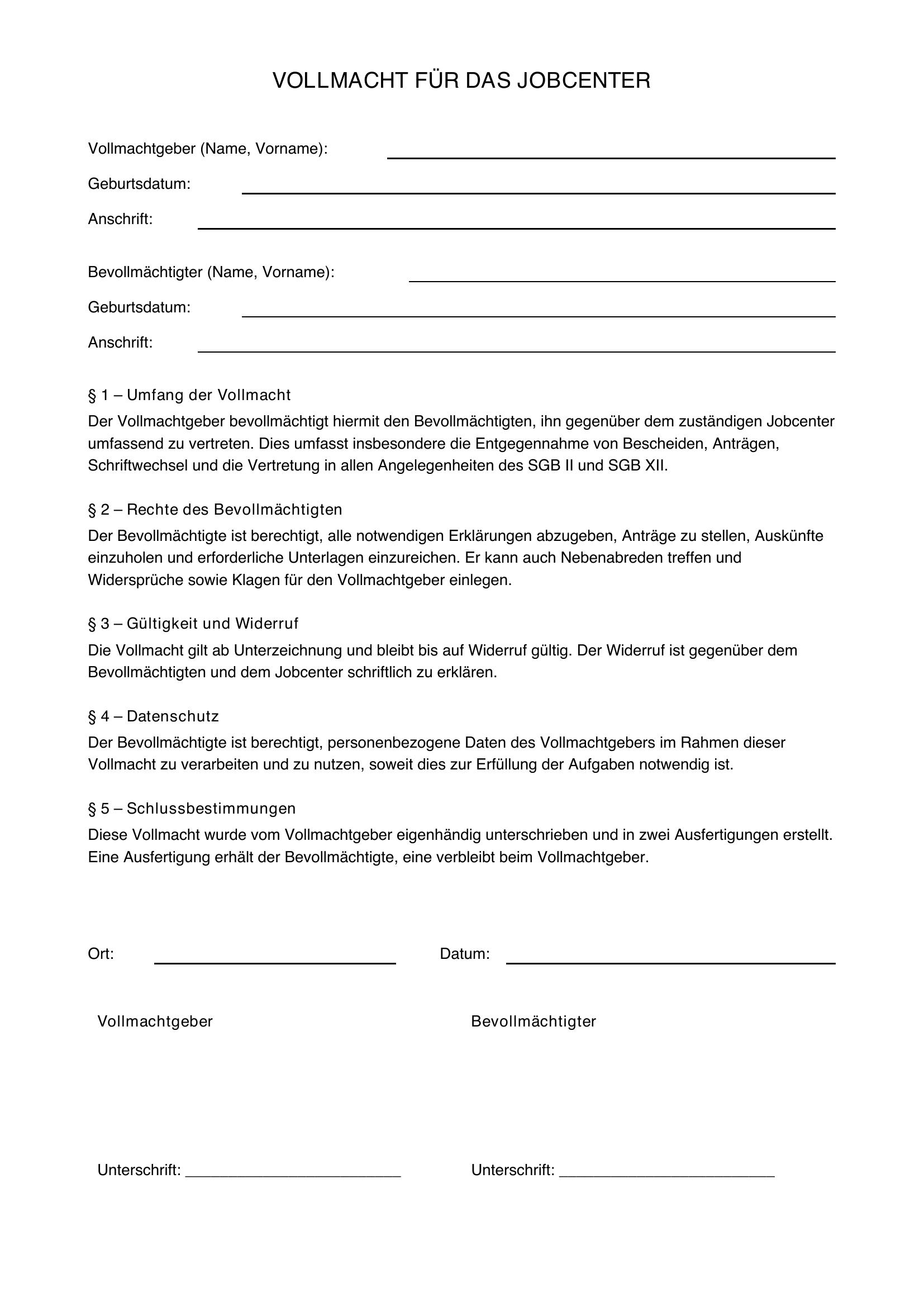 Vollmacht Jobcenter