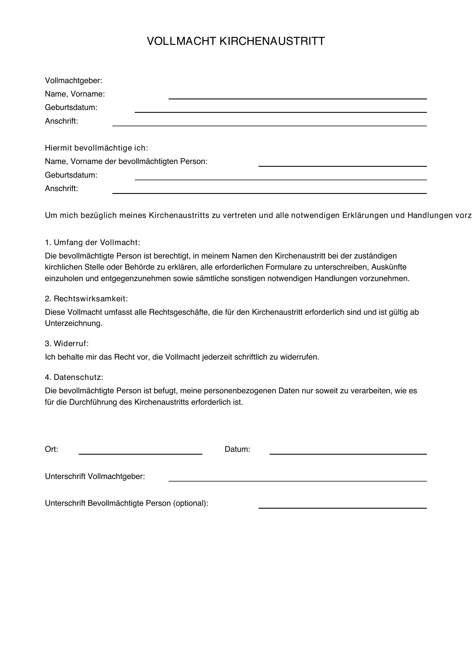Vollmacht Kirchenaustritt Vorlage