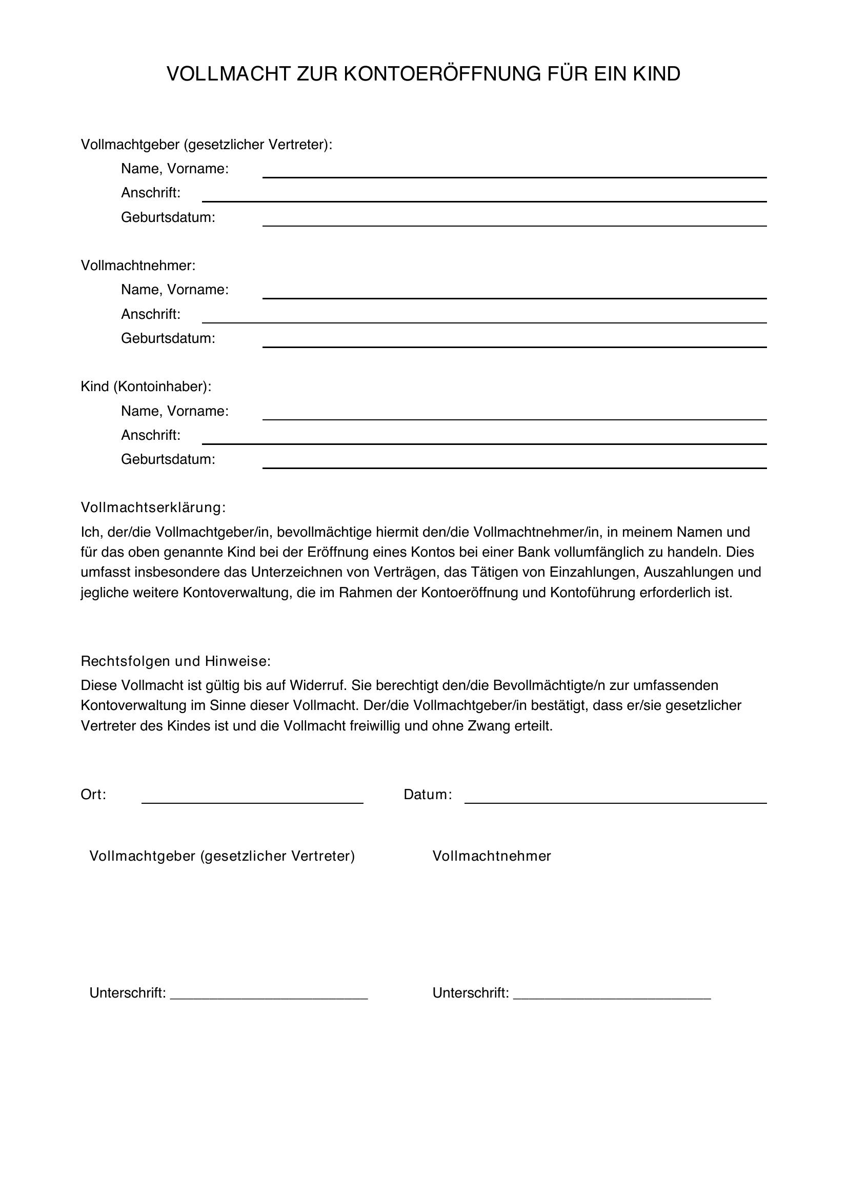Vollmacht Kontoeröffnung Kind